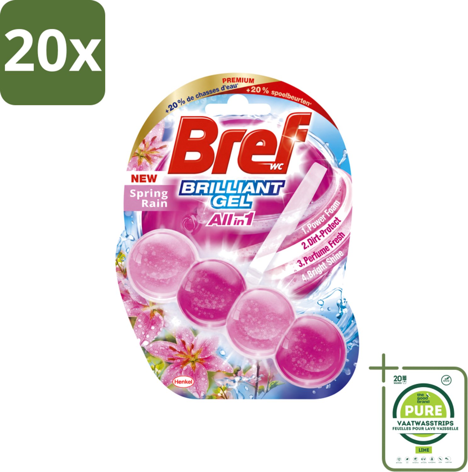 20 x Bref - Toiletblok - Brilliant Gel - Spring Rain - 42g - Grootverpakking - Vaatwasstrips - Toilet Reinigen - Toilet Fris - Toilet Glans - Toilet Hygiëne - Toilet Schoon
