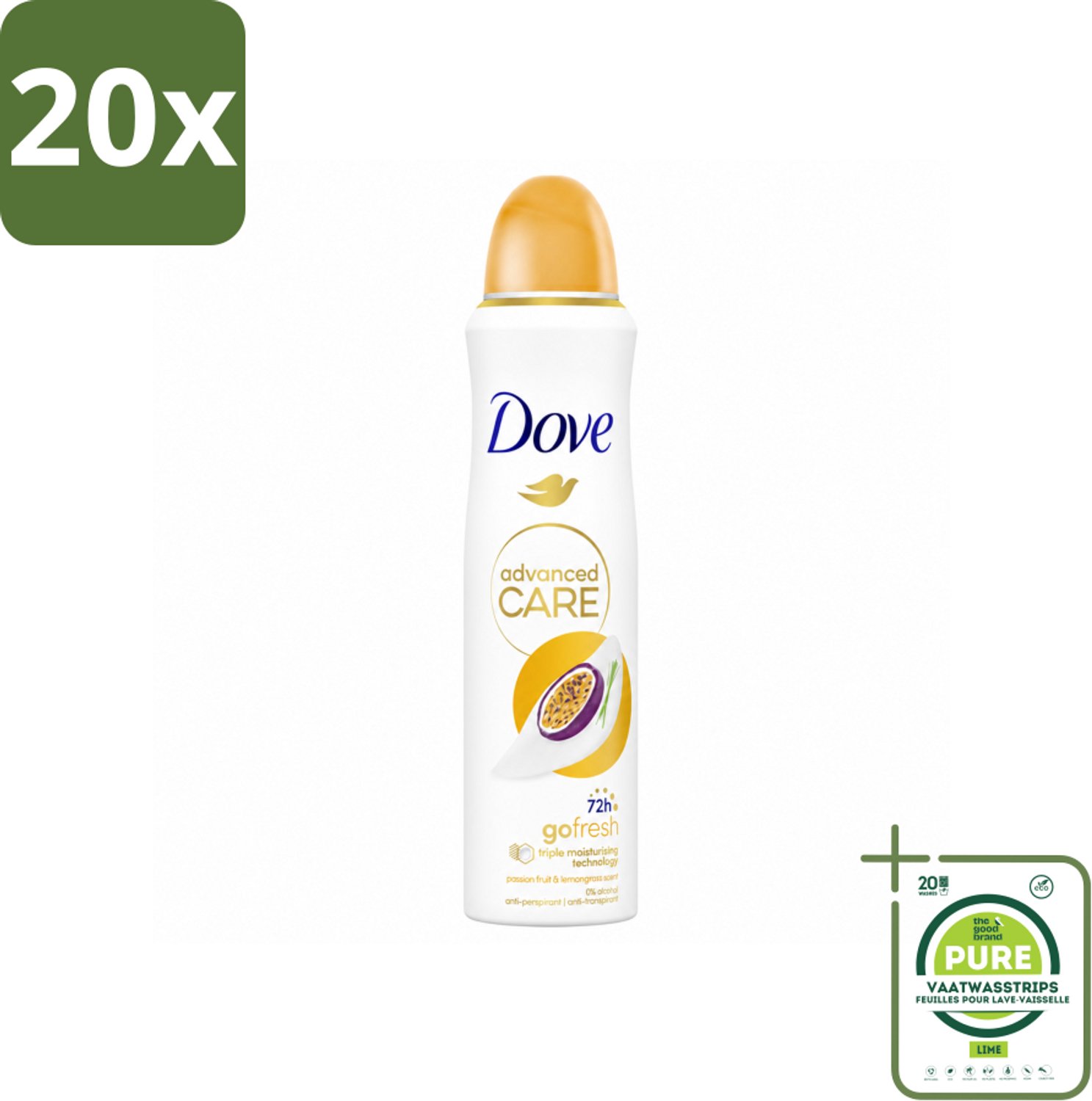 20 x Dove – Deodorant Spray – Passievrucht & Citroengras – 150 ml - Grootverpakking - Vaatwasstrips - Anti-transpirant - Deodorant Spray - Passievrucht - Citroengras - Zweetbehandeling