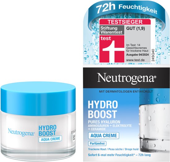 Neutrogena Hydro Boost Aqua Crème potje en verpakking, parfumvrij voor droge huid met 72u hydratatie.
