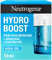 Verpakking van 50ml Neutrogena Hydro Boost Aqua Gel met hyaluronzuur, aminozuren en elektrolyten.