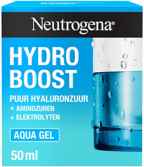 Emballage de 50ml de Neutrogena Hydro Boost Aqua Gel avec acide hyaluronique, acides aminés et électrolytes.