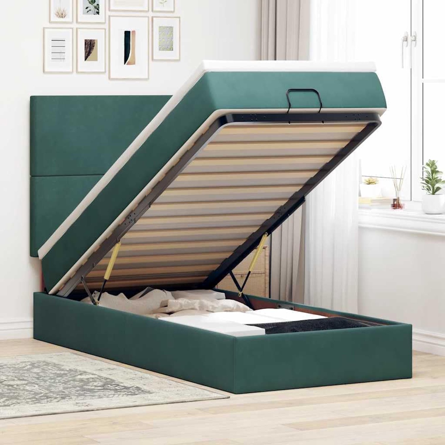 Familiebed, tweepersoonsbed, slaapkamermeubel, Ottoman-bed met matrassen en leds, donkergroen, 90x200 cm, fluweel