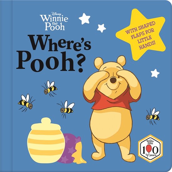 Livre cartonné bleu Winnie l'ourson 'Where's Pooh?' avec Pooh jouant à cache-cache, des abeilles et un pot de miel.