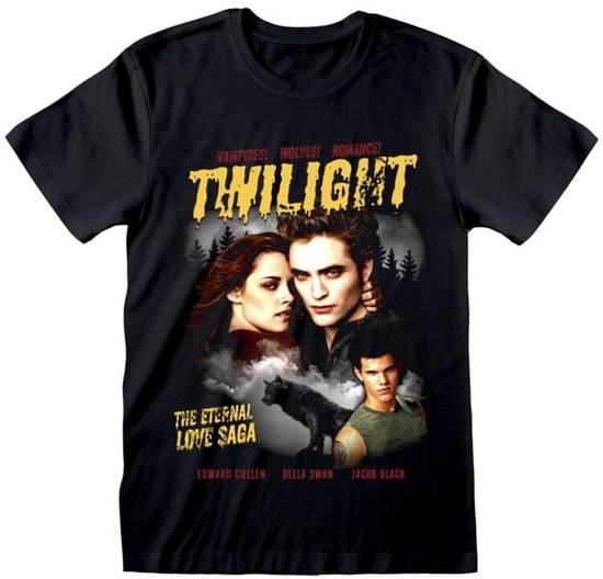 Zwart Twilight T-shirt met Edward, Bella en Jacob, de tekst 'The Eternal Love Saga' en een wolfsilhouet.