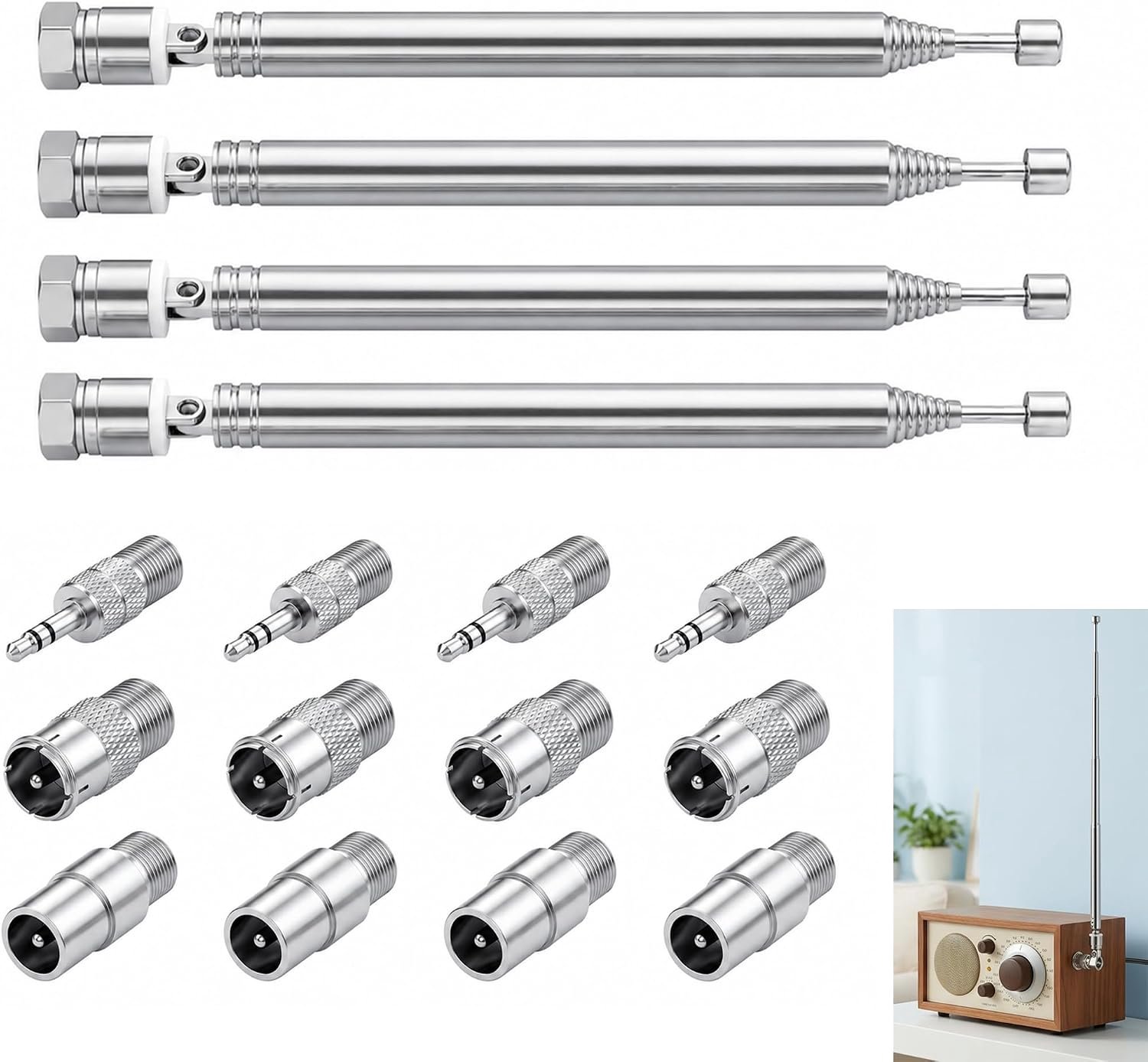 Set van 4 telescopische FM-radio-antenne, FM-installatie, HiFi-installatie, 75 cm, 7 secties, HiFi-radio, F-stekker + PAL en 3,5 mm adapters, verbeterde signaalontvangst voor hifi-installatie