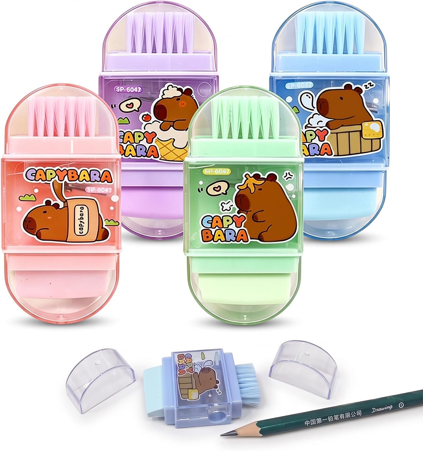Puntenslijper 4 stuks - 3-in-1 ontwerp - Kawaii Capybara-design - multifunctionele schrijfwarenset - Vemera