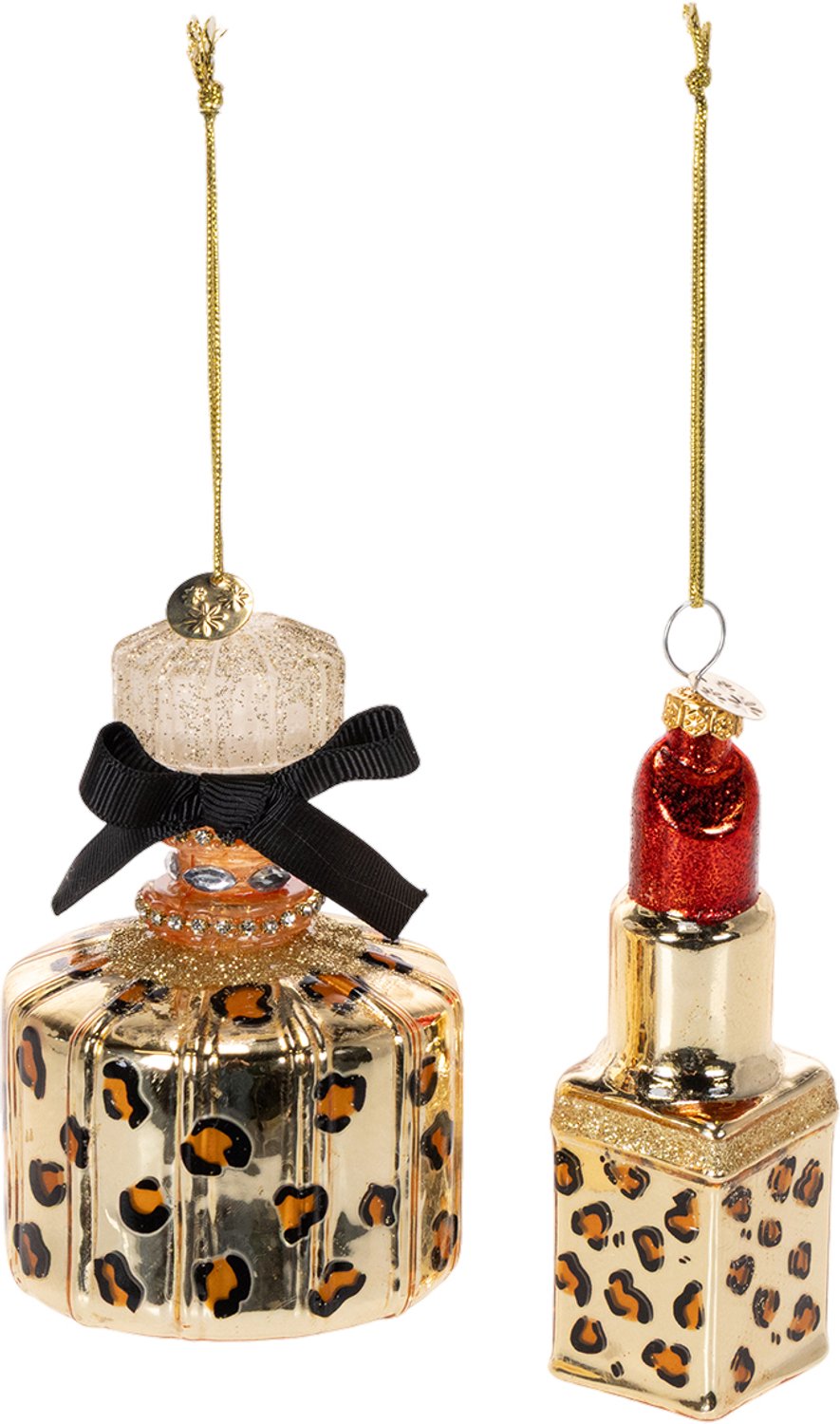Kerstboomversiering: parfumflesje en lippenstift met luipaardprint, 11