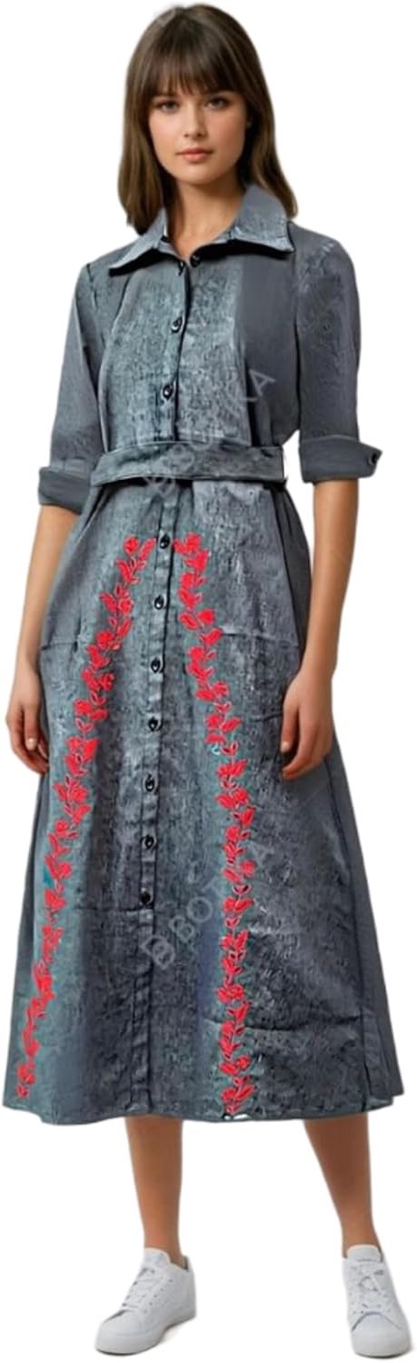 Abaya is voorzien van lichtgewicht denim en scharlaken bloemenmachine borduurwerk