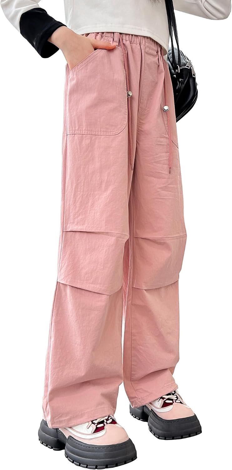 Baggy cargobroek voor meisjes, met brede pijpen, hiphop-broek met elastische taille, roze/beige, voor kinderen van 6 tot 15 jaar