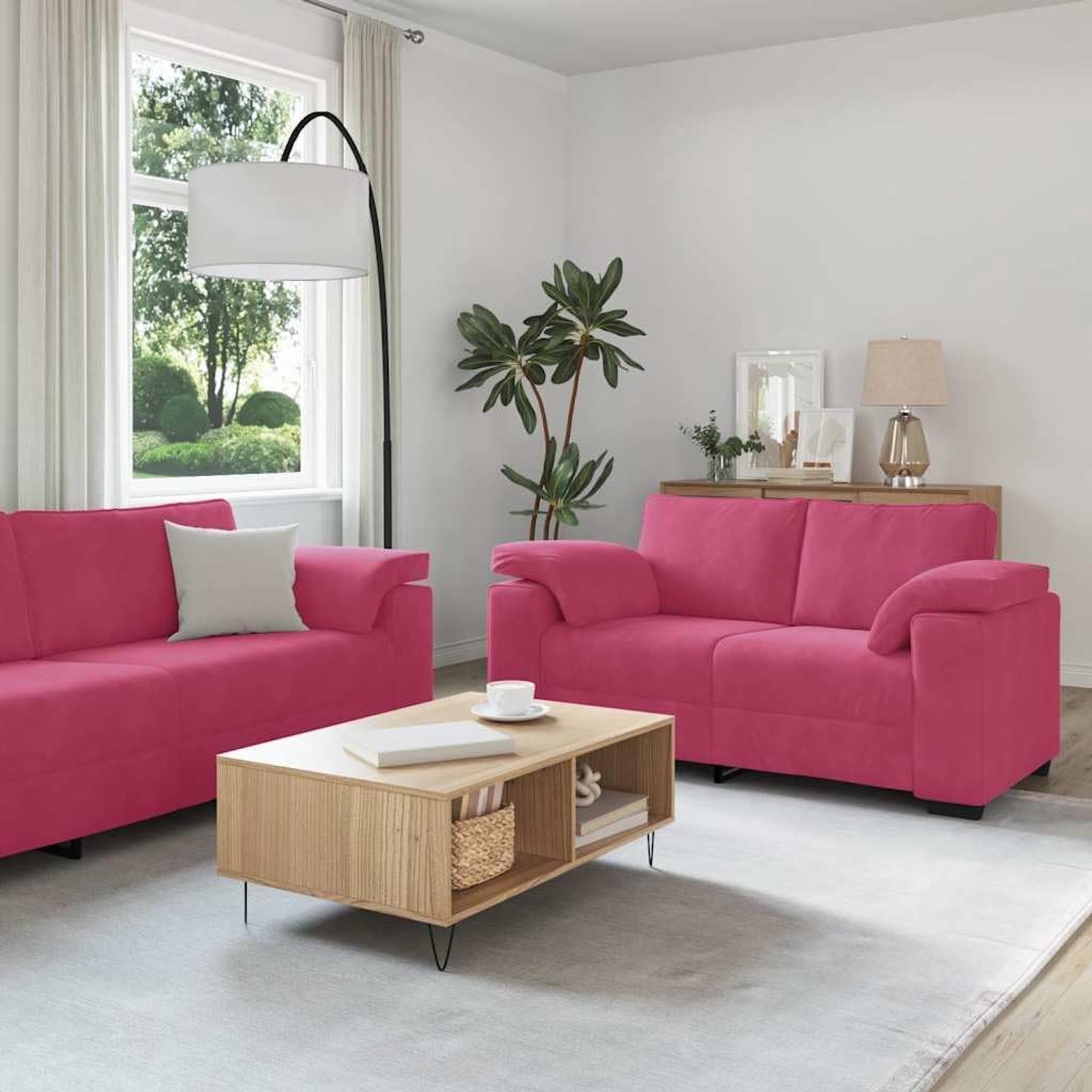 2-delige bankset met kussens, wijnrood, fluweel, loungesofa voor woonkamer en kantoor