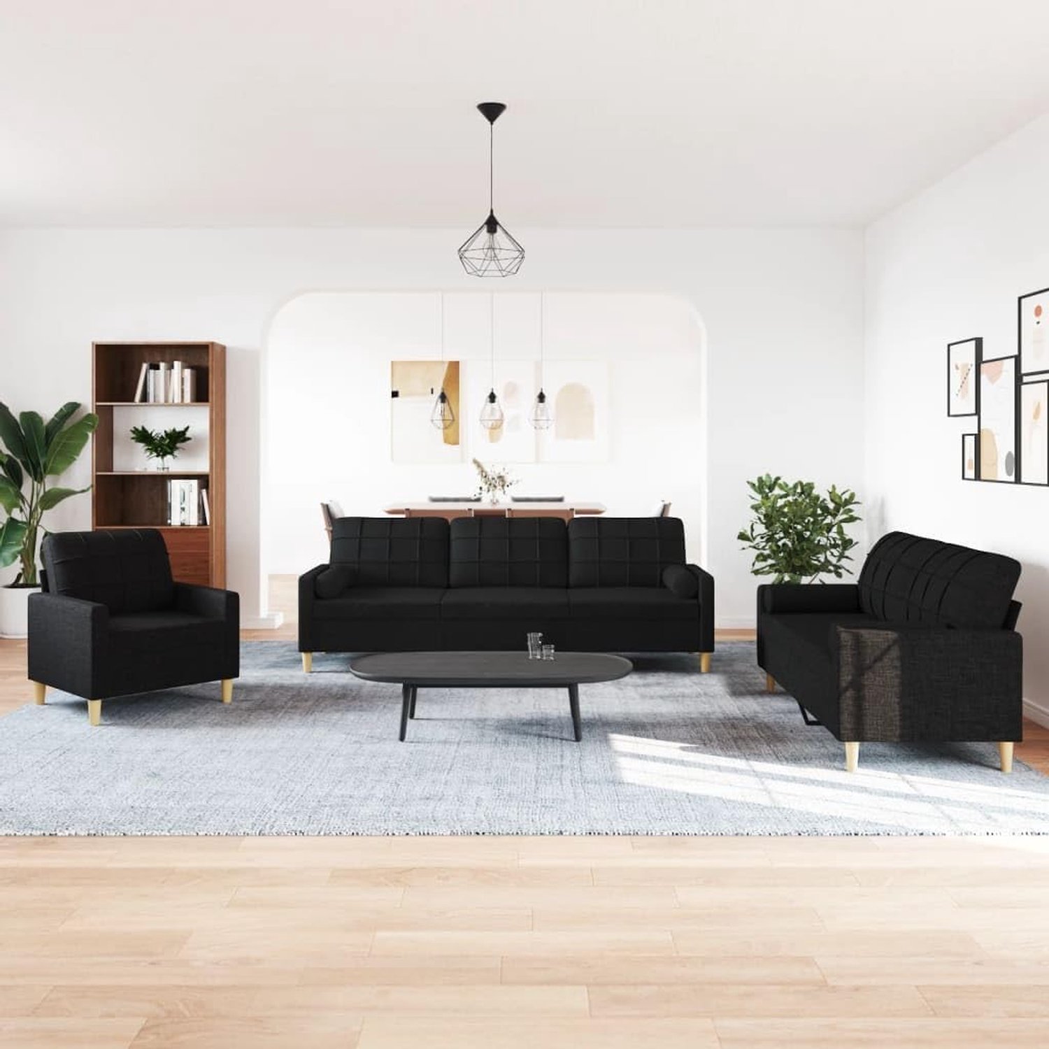 3-delige bankset met decoratieve kussens, zwarte stof, zacht polyesterweefsel, robuust metalen frame, dik gevoerde zitvlakken, praktische cilinderkussens voor de woonkamer