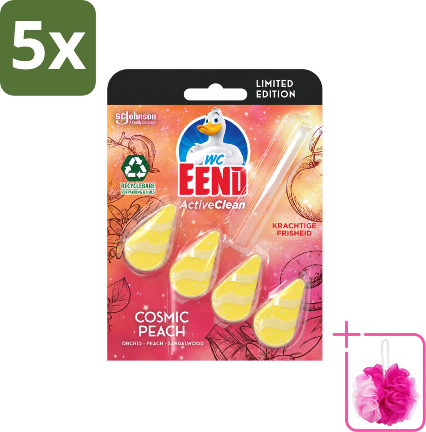 5 x WC Eend - Active Clean Cosmic Peach - Toiletblok - Fruitige Perzikgeur - 38 gr - Bulkverpakking - Toilet reinigen - Douchemop - Toilet blok