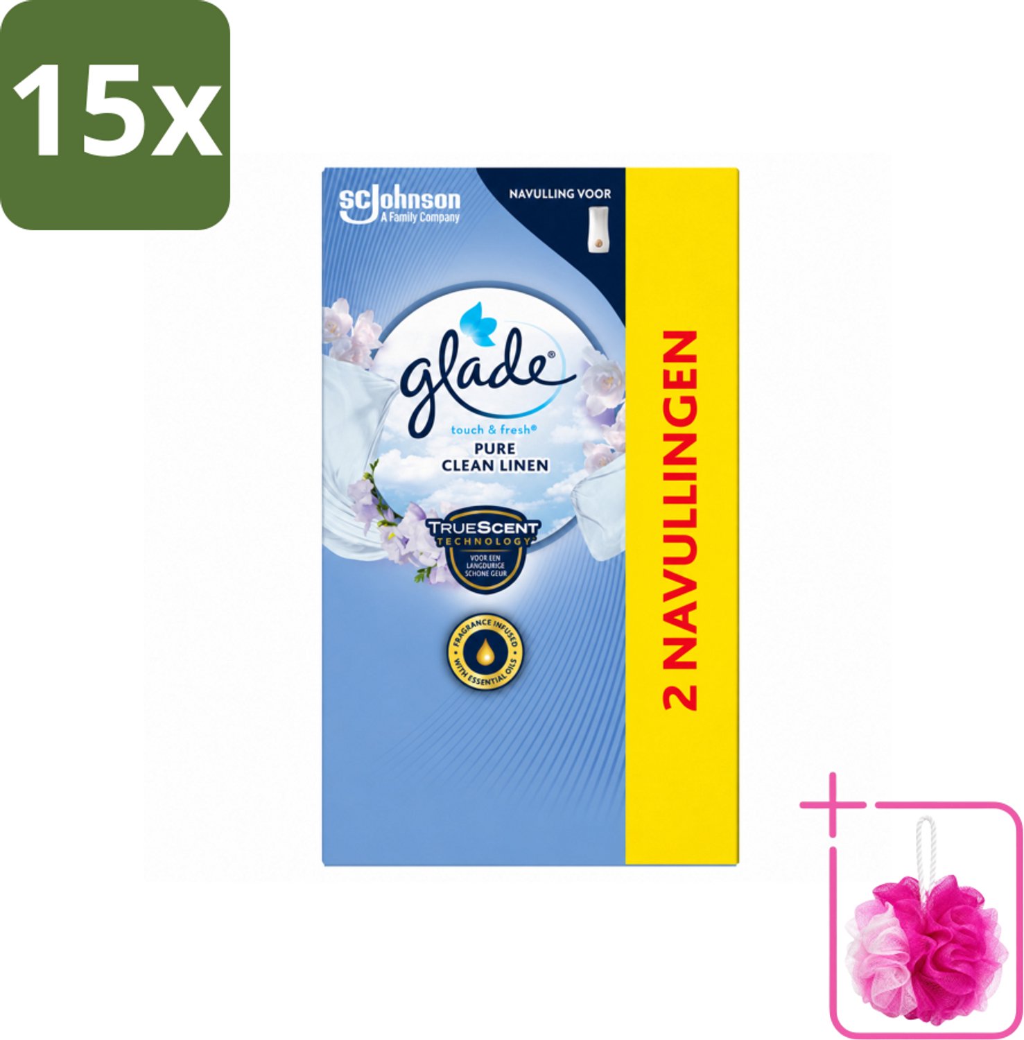15 x Glade - Touch & Fresh Navulling - Pure Clean Linen - 2 × 10 ml - Bulkverpakking - Navulling - Douchemop - Geur