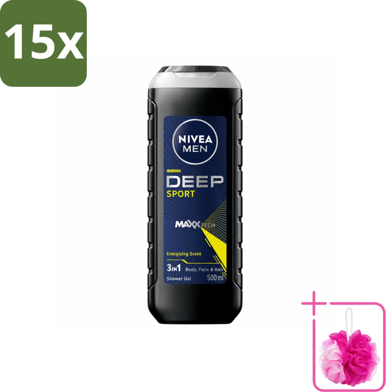 15 x NIVEA MEN - Douchegel - Deep Sport - 500 ml - Bulkverpakking - Sportdouchegel - Douchemop - Mannelijke douchegel
