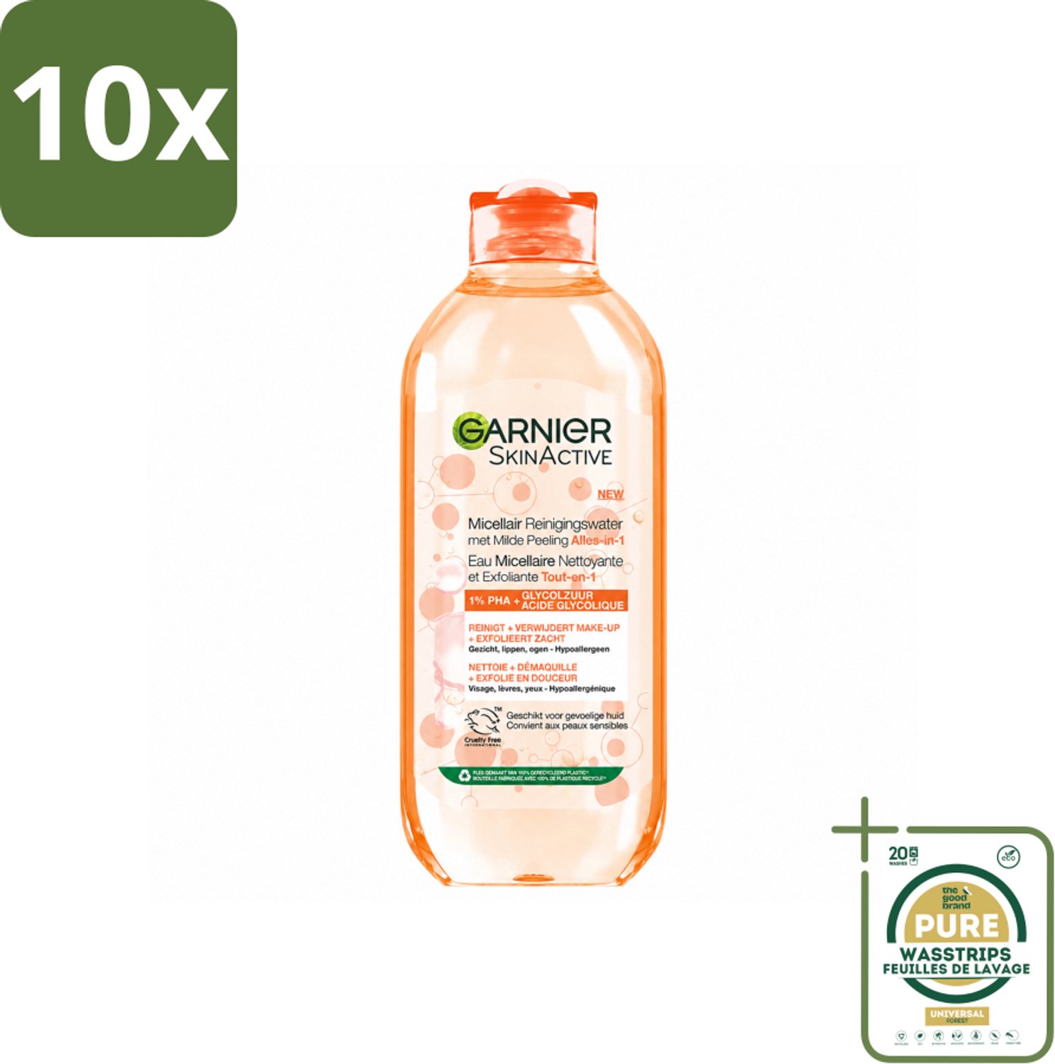 10 x Garnier - SkinActive - Micellair Reinigingswater - Milde Peeling - Alles-in-1 - 400 ml - Wasstrips - Micellair Reinigingswater - Huid Reinigen - Milde Peeling - Exfoliatie - Gezichtsreiniger