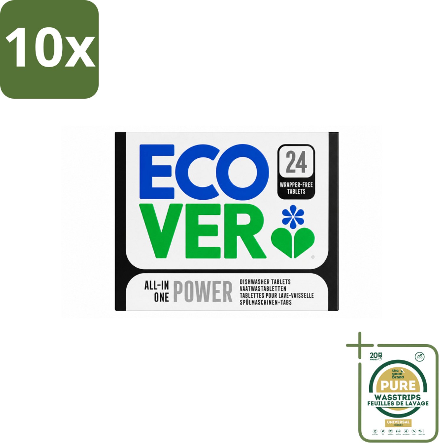 10 x Ecover - Vaatwastabletten All-in-One Power - 24 Tabs - Wasstrips - Vaatwasmiddel - Vaatwastabletten - Schoonmaken - Milieuvriendelijk - Plantaardig
