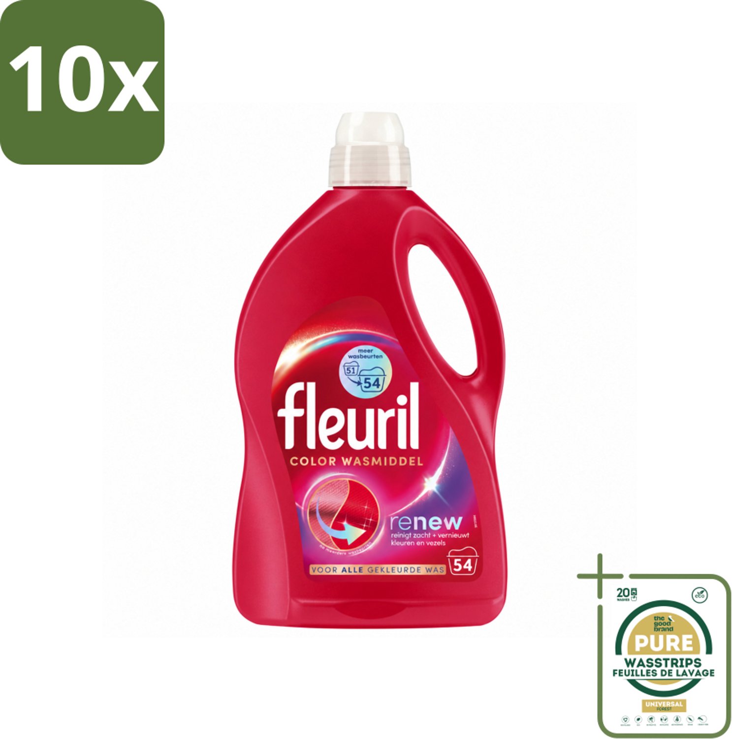 10 x Fleuril - Wasmiddel - Renew Color Vloeibaar Wasmiddel - Gekleurde Was - 54 wasbeurten - Wasstrips - Kleurbehoud - Wasmiddel Voor Gekleurde Was - Vloeibaar Wasmiddel - Frisse Geur - Vezelverzorging