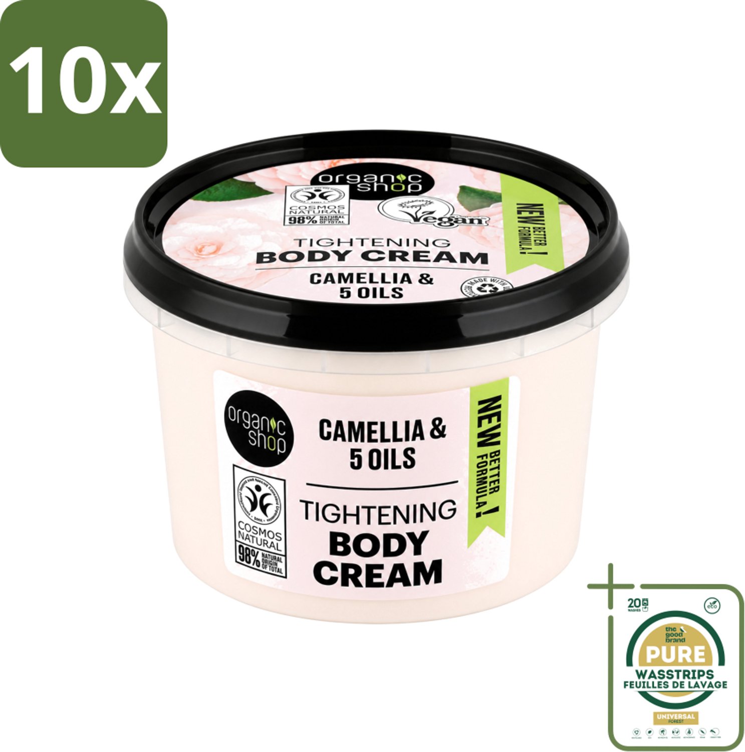 10 x Organic Shop - Organic Camellia & 5 Oils Body Cream - Verzachtend en Hydraterend - 250 ml - Wasstrips - Huidverzorging - Hydraterende Crème - Verzachtende Crème - Droge Huid - Natuurlijke Crème