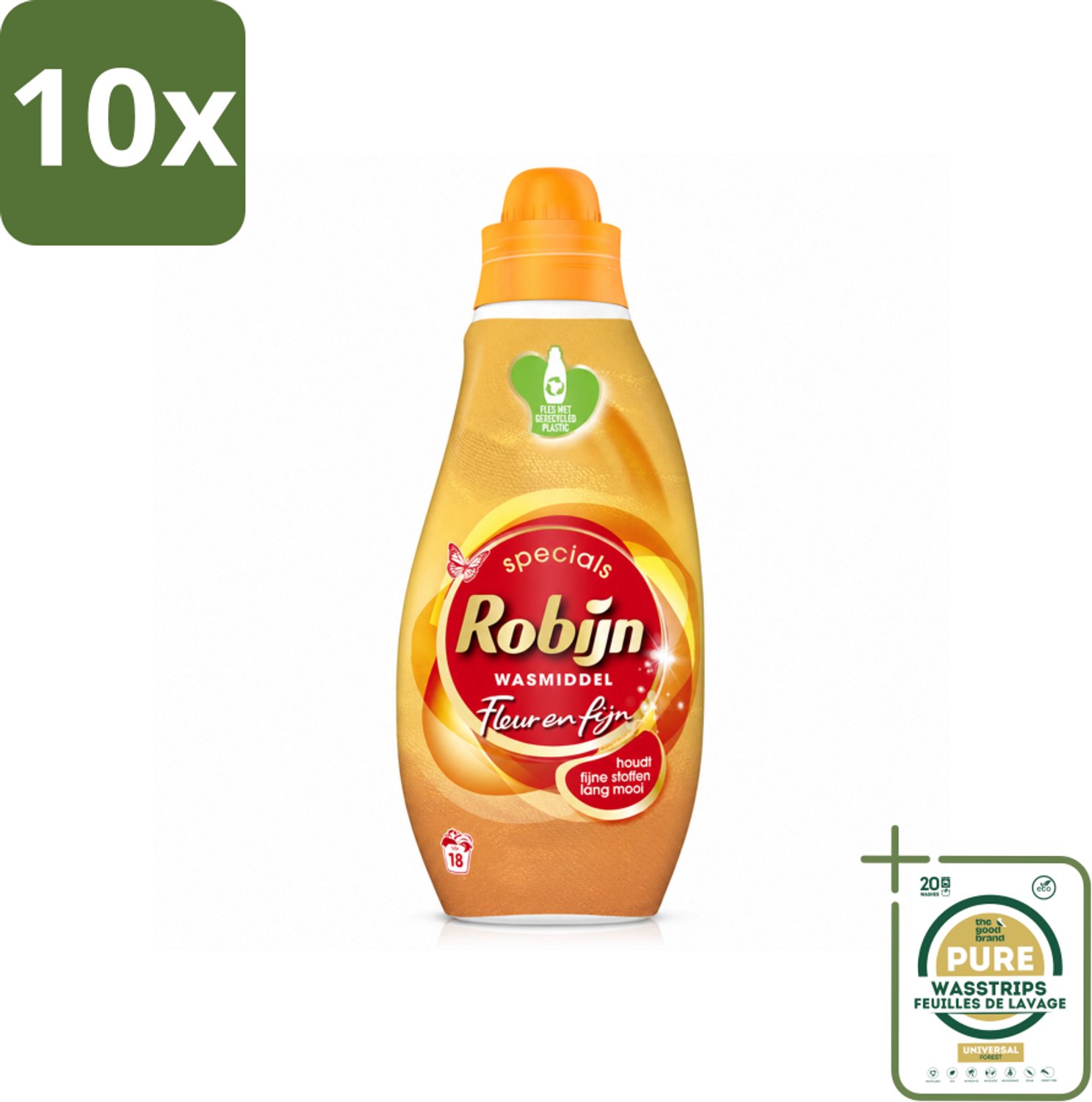 10 x Robijn Specials - Fleur & Fijn - Vloeibaar Wasmiddel - 18 Wasbeurten - Wasstrips - Fijne Was - Kleurbehoud - Biologisch Afbreekbaar - Wasmiddel - Machine- En Handwas