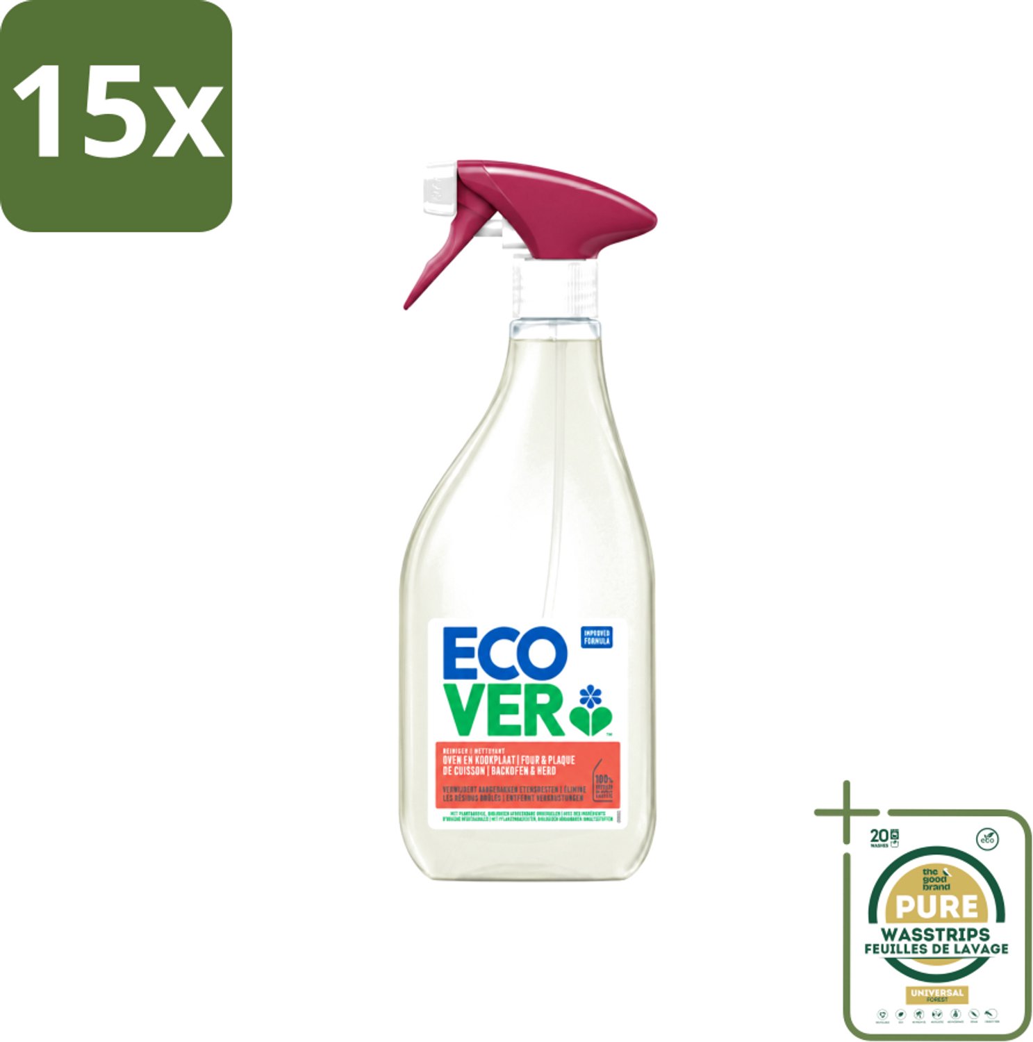 15 x Ecover - Oven- & Kookplaatreiniger - Power Cleaner - 500 ml - Wasstrips - Oven Reinigen - Kookplaat Reinigen - Vet Verwijderen - Plantaardige Reiniger - Vuil Verwijderen