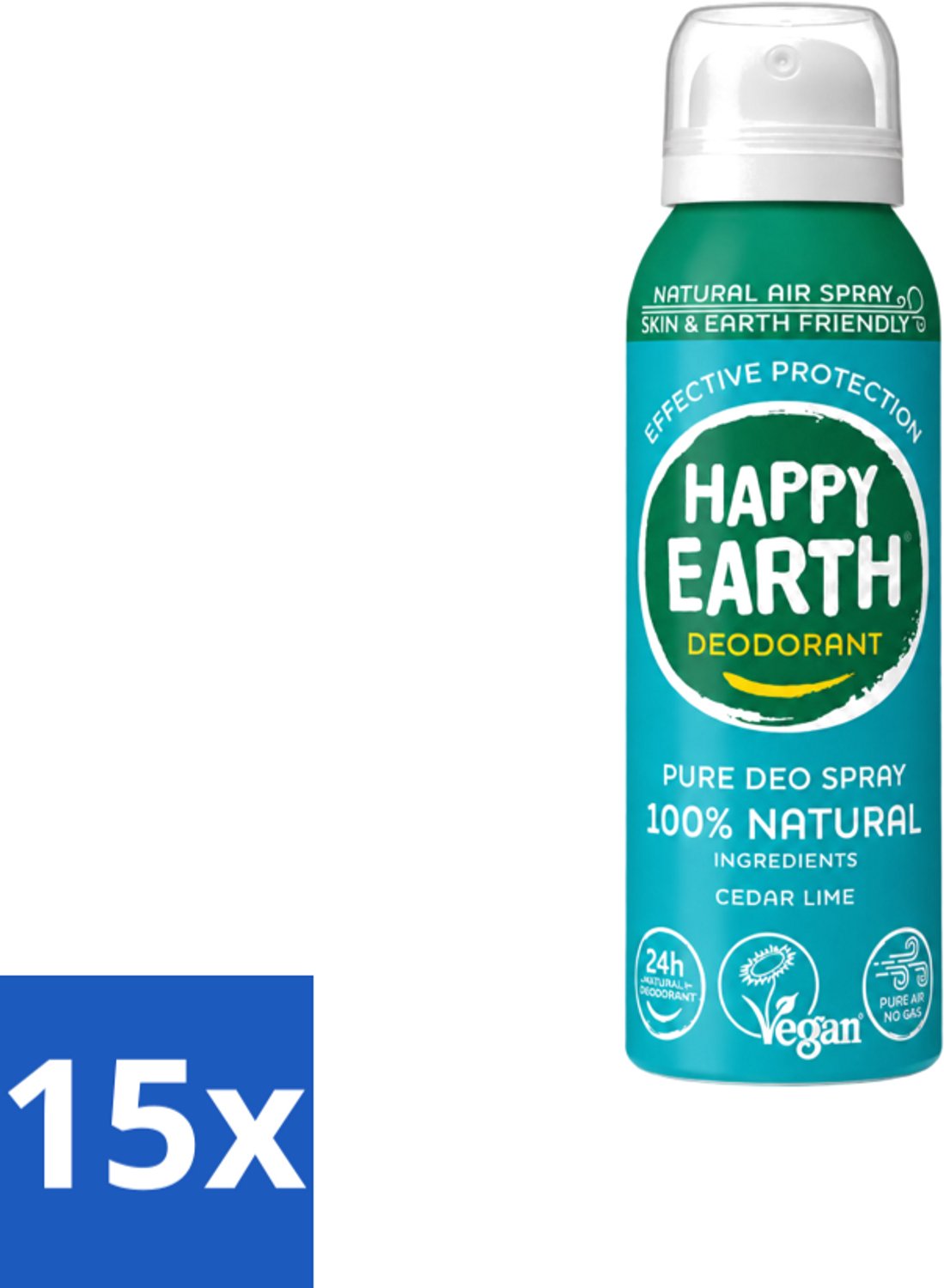 15 x Happy Earth – Deodorant Natural Air Spray – 100% Natuurlijk Cedar Lime – 100 ml - Voordeelverpakking - 15 stuks