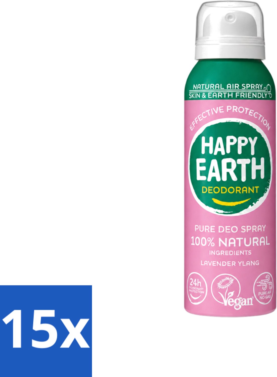 15 x Happy Earth – Deodorant Spray – 100% Natuurlijk Lavender Ylang – 100 ml - Voordeelverpakking - 15 stuks
