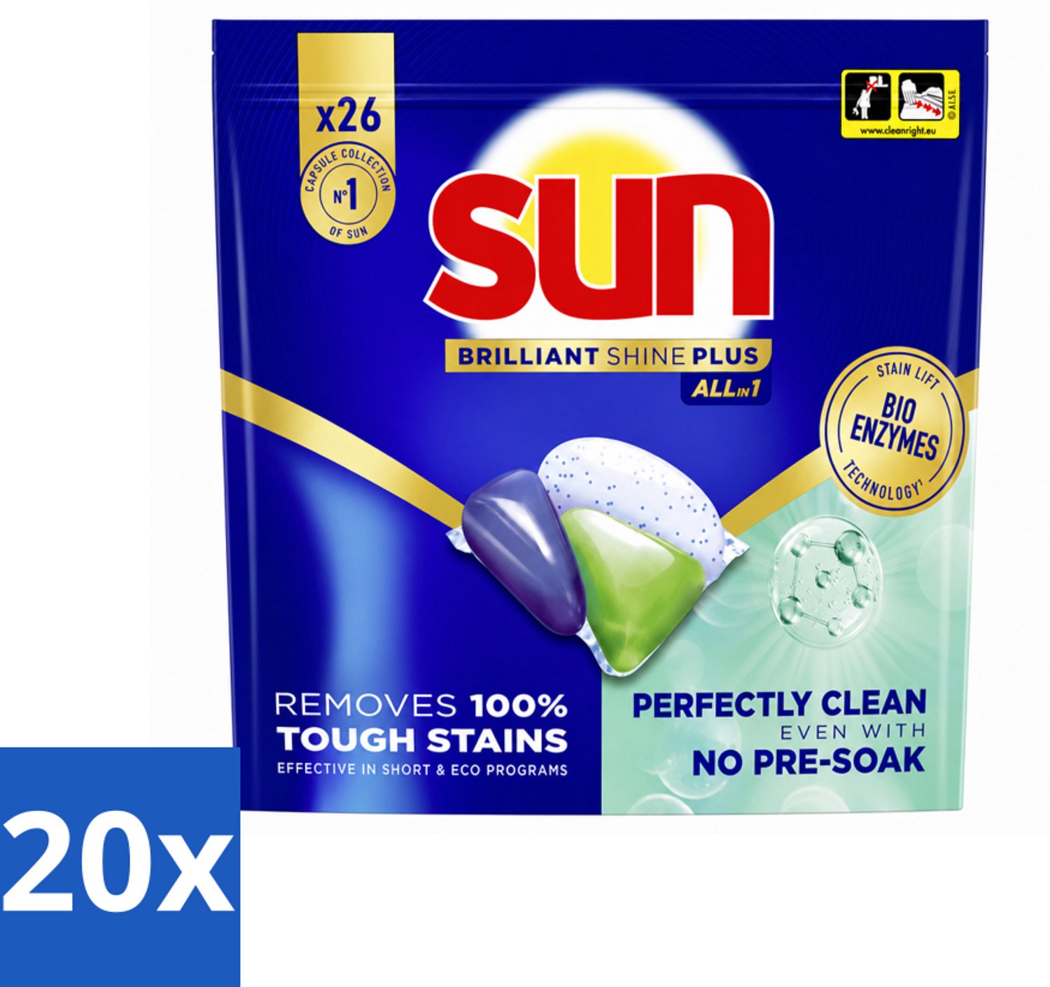 20 x Sun – Vaatwascapsules – Brilliant Shine+ All-in-1 - 26 capsules - Voordeelverpakking - 20 stuks