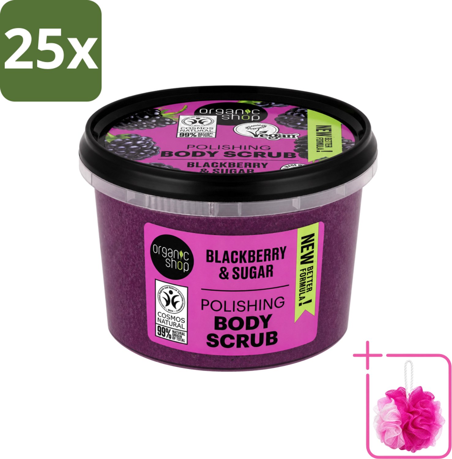 25 x Organic Shop - Body Scrub Blackberry - Verfrissend en Hydraterend - 250 ml - Bulkverpakking - Bodyscrub - Douchemop - Exfoliatie