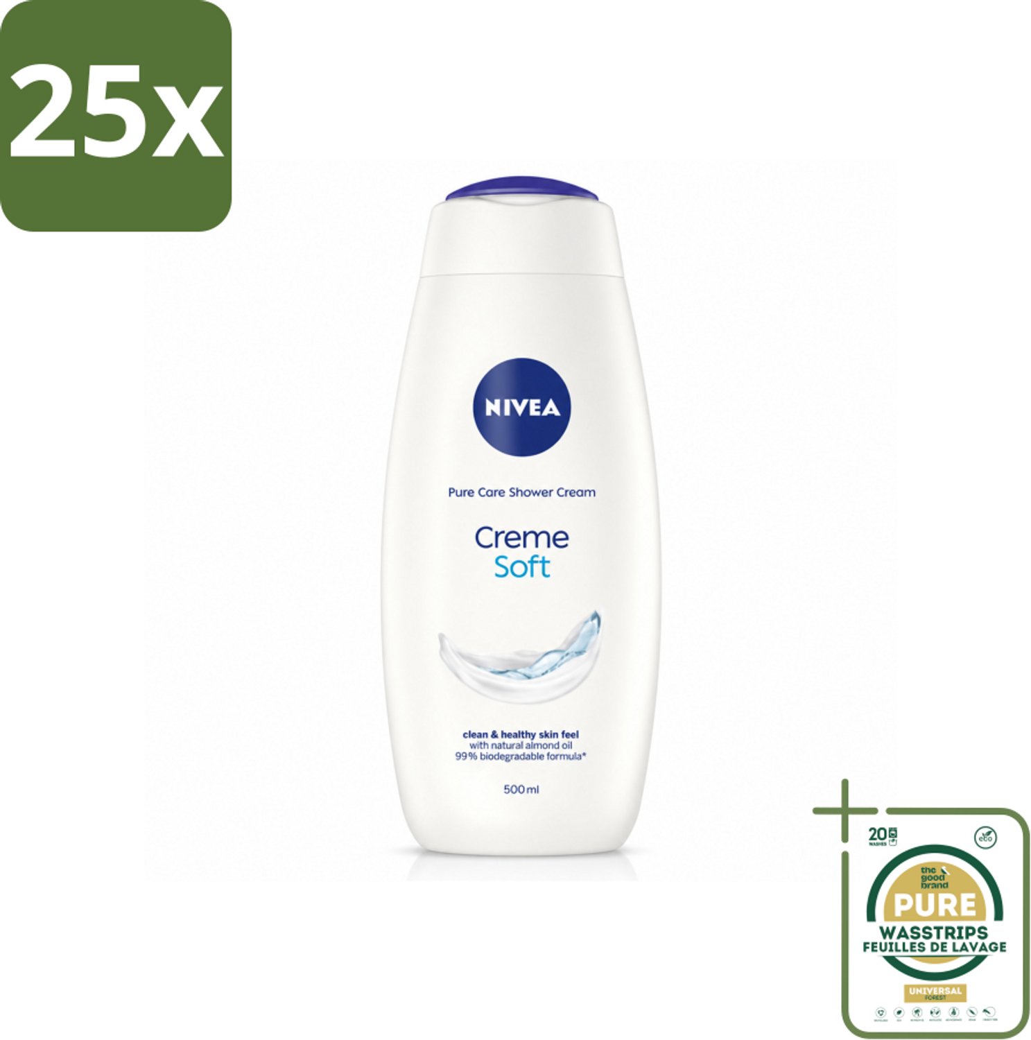 25 x NIVEA - Douchecrème - Zacht - Huidbeschermend - Amandelolie - 500 ml - Wasstrips - Douchecrème - Huid Verzorging - Amandelolie - Zijdezachte Huid - Milde Reiniging