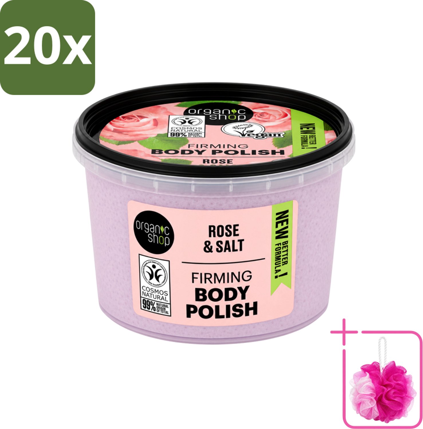 20 x Organic Shop - Body Scrub Rose - Hydraterend en Verzorgend - 250 ml - Bulkverpakking - Bodyscrub - Douchemop - Huidverzorging