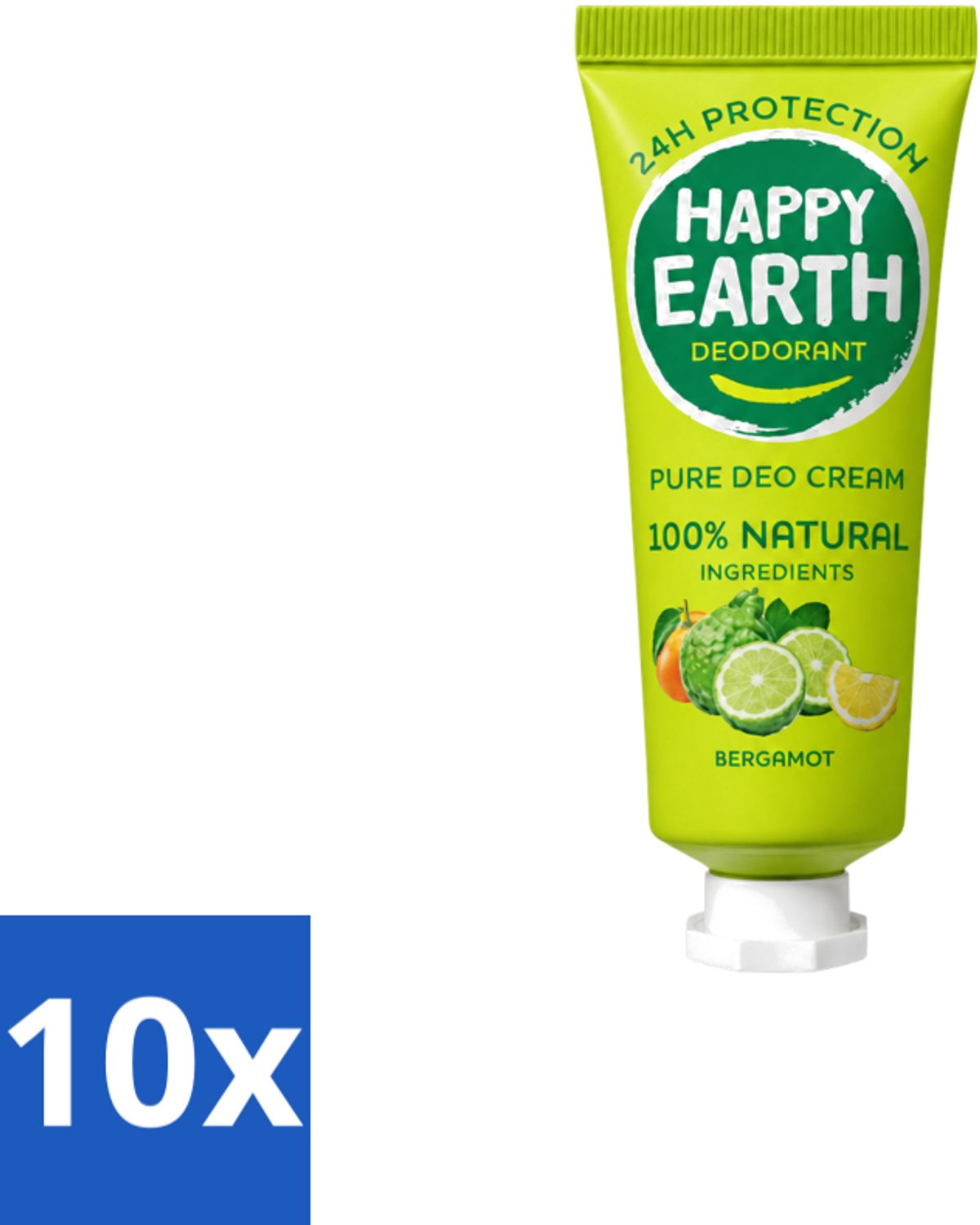 10 x Happy Earth – Deodorant Cream – 100% Natuurlijk Bergamot – 40 ml - Voordeelverpakking - 10 stuks