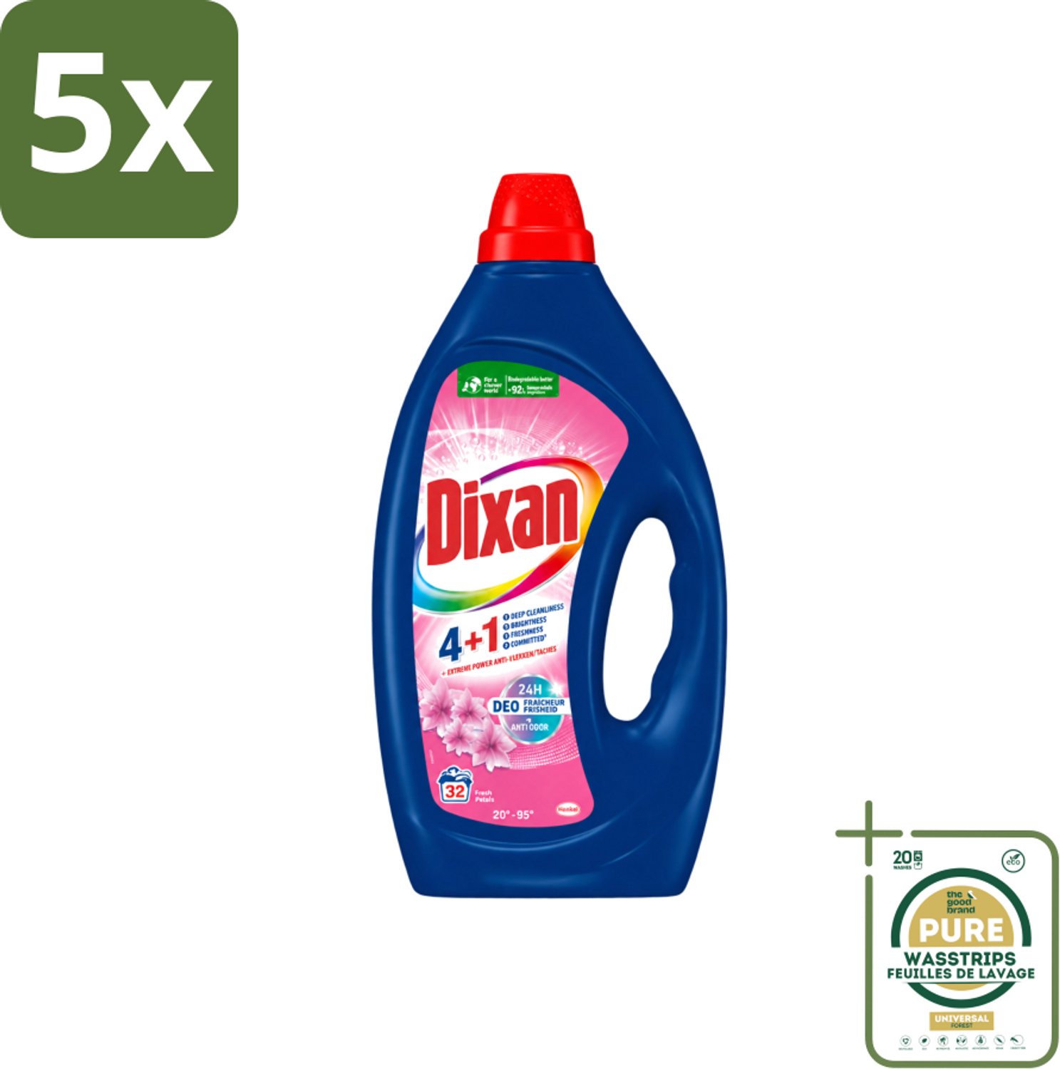 5 x Dixan - Vloeibaar wasmiddel - Fresh Pink - 32 wasbeurten - Wasstrips - Wasmiddel - Vloeibaar Wasmiddel - Frisheid - Anti-geur - Wasgeur