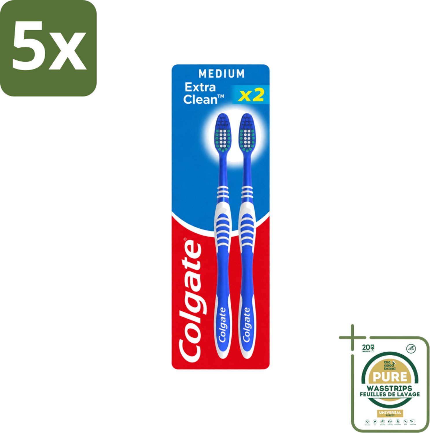 5 x Colgate - Tandenborstels - Extra Clean Duo - Medium - 2 borstels - Wasstrips - Tandenborstel - Mondhygiëne - Reiniging - Tongreiniger - Frisse Adem