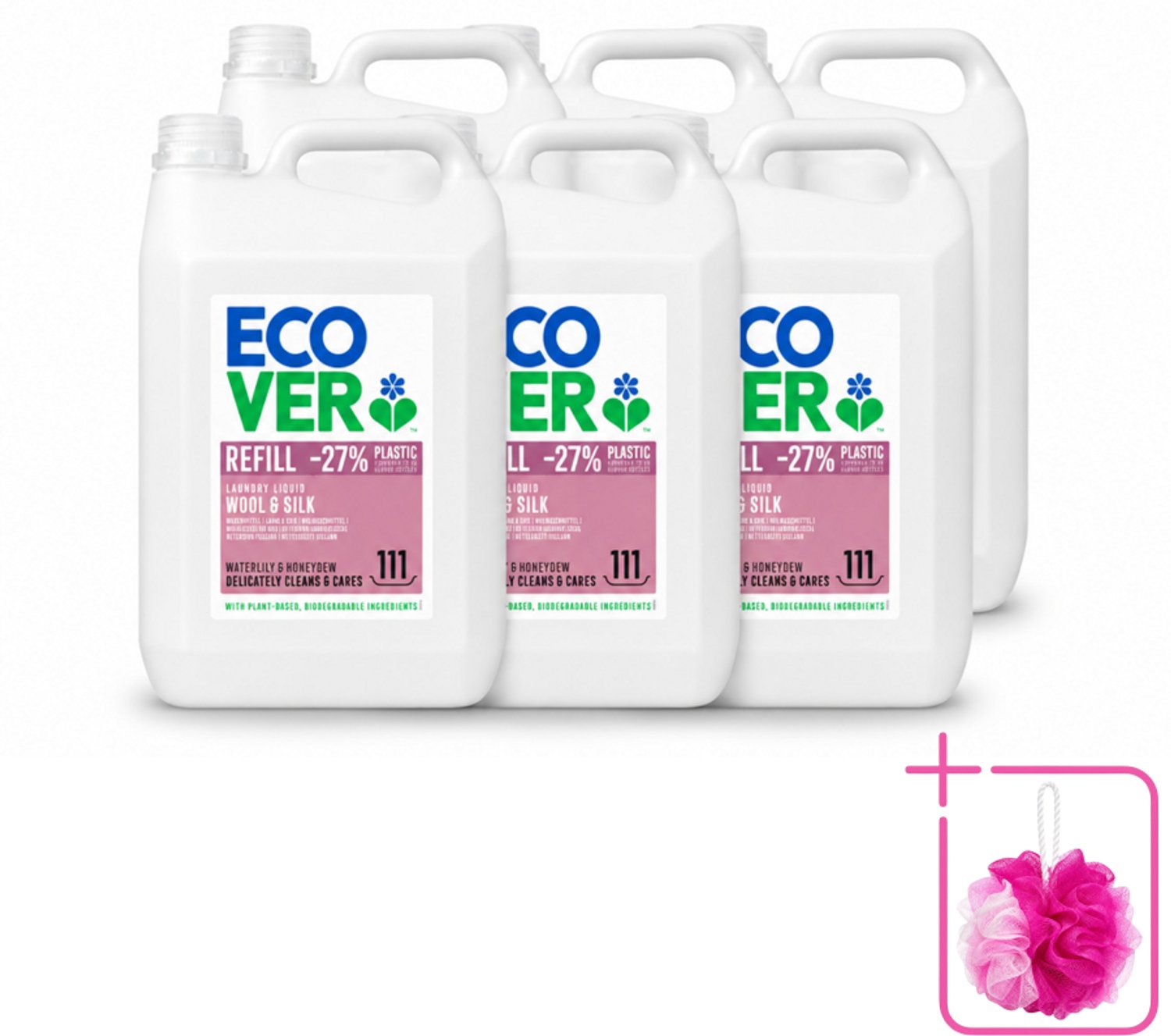 6 x Ecover - Vloeibaar wasmiddel - Wol & Fijnwas - Waterlelie & Honingmeloen - 5 liter - 111 wasbeurten - Bulkverpakking - Fijnwas - Douchemop - Wolwas