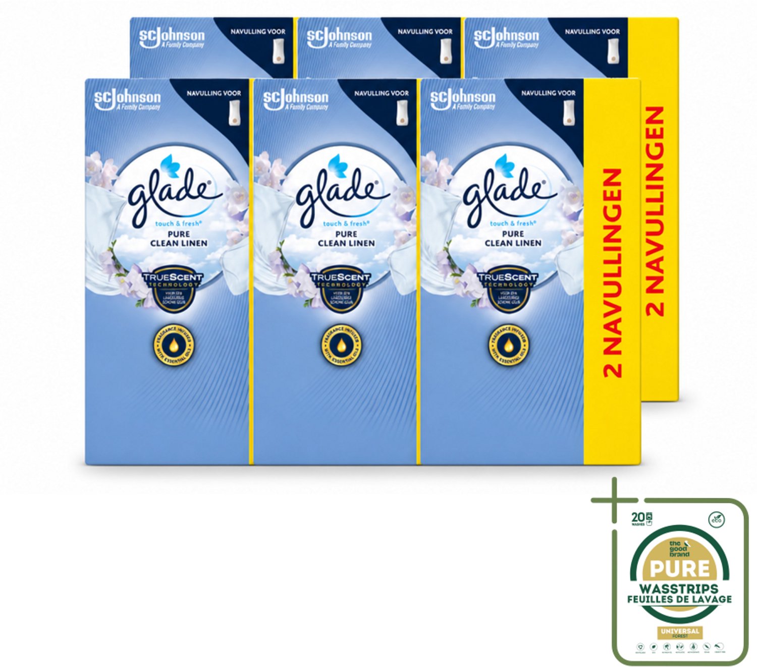 6 x Glade - Touch & Fresh Navulling - Pure Clean Linen - 2 × 10 ml - Wasstrips - Luchtverfrisser - Geur - Frisheid - Geurverspreiding - Geurhoudend