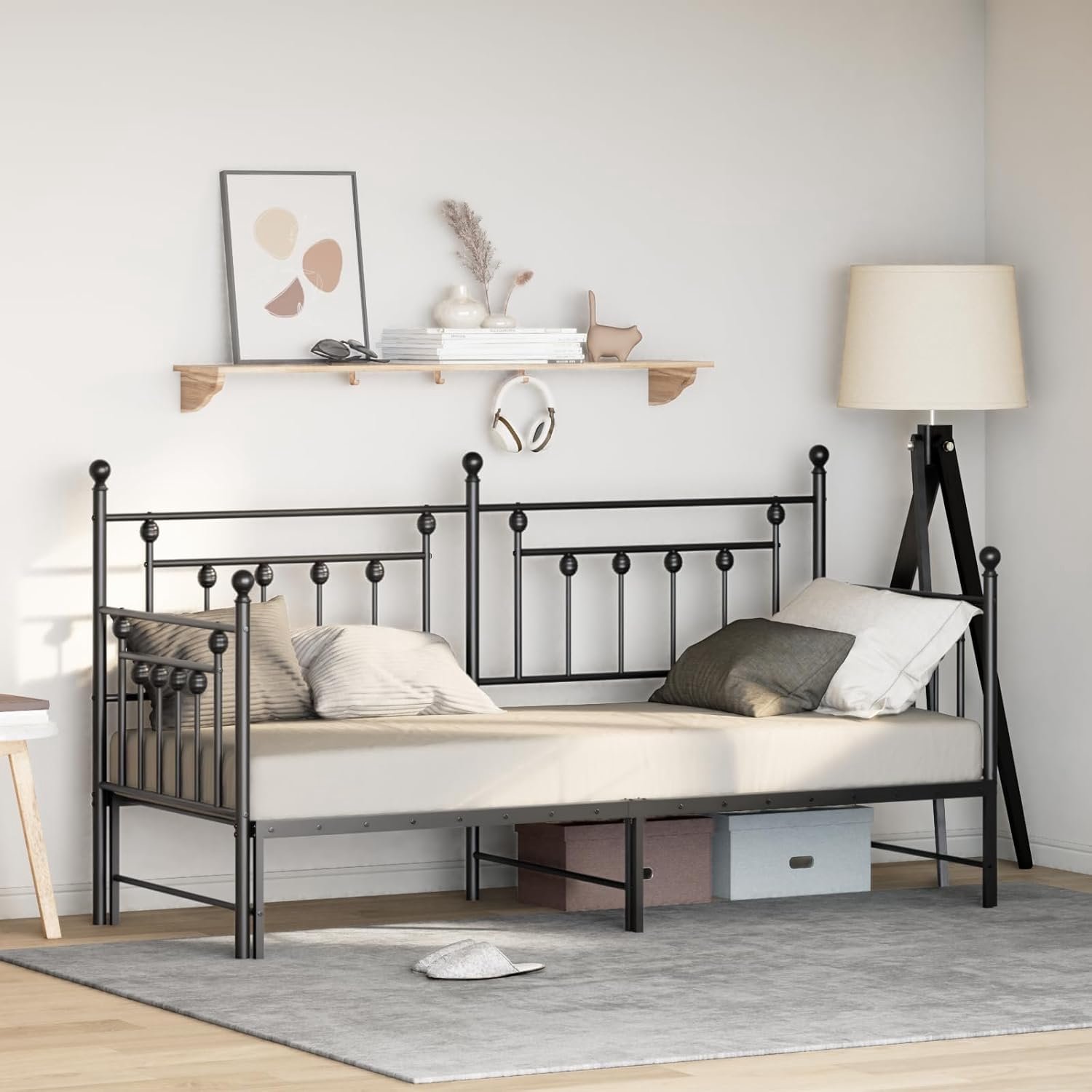 Dagbed zwart 80x200 cm stalen frame met bedlade en opbergruimte