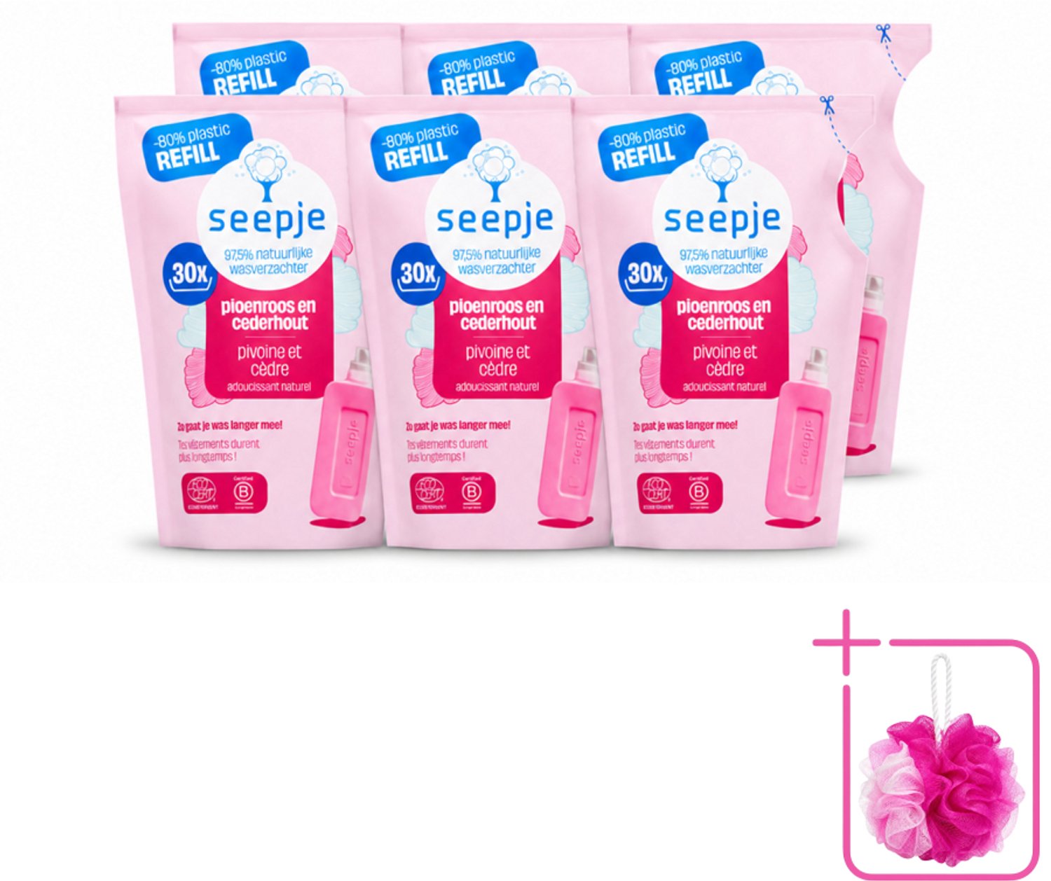 6 x Seepje - Wasverzachter - Duurzaam & Frisse Geur - Navulling - Pioenroos en Cederhout - 30 Wasbeurten - 750 ml - Bulkverpakking - Wasverzachter - Douchemop - Natuurlijke wasverzachter