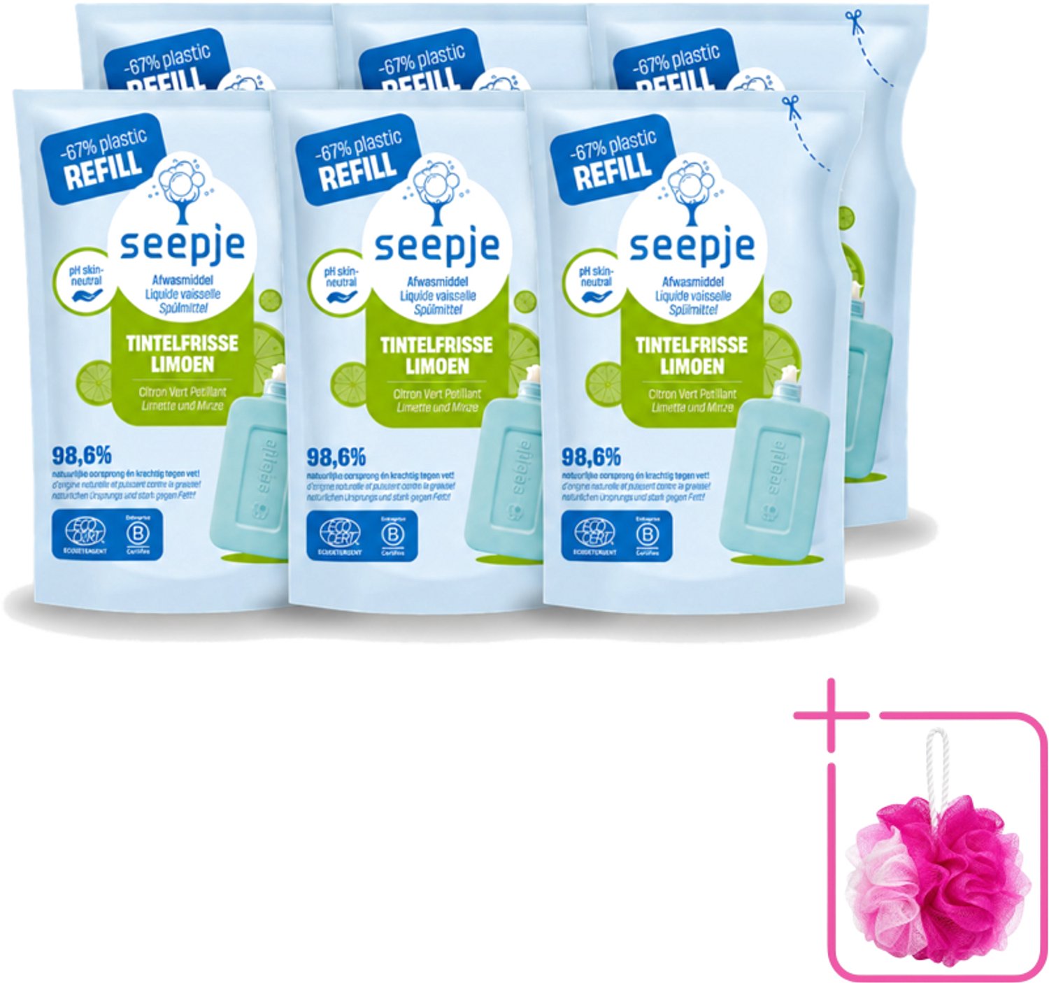 6 x Seepje - Afwasmiddel - Duurzaam & Herbruikbaar - Re-fill - Tintelfrisse Limoen Geur - 500 ml - Bulkverpakking - Afwasmiddel - Douchemop - Afwasmiddel refill