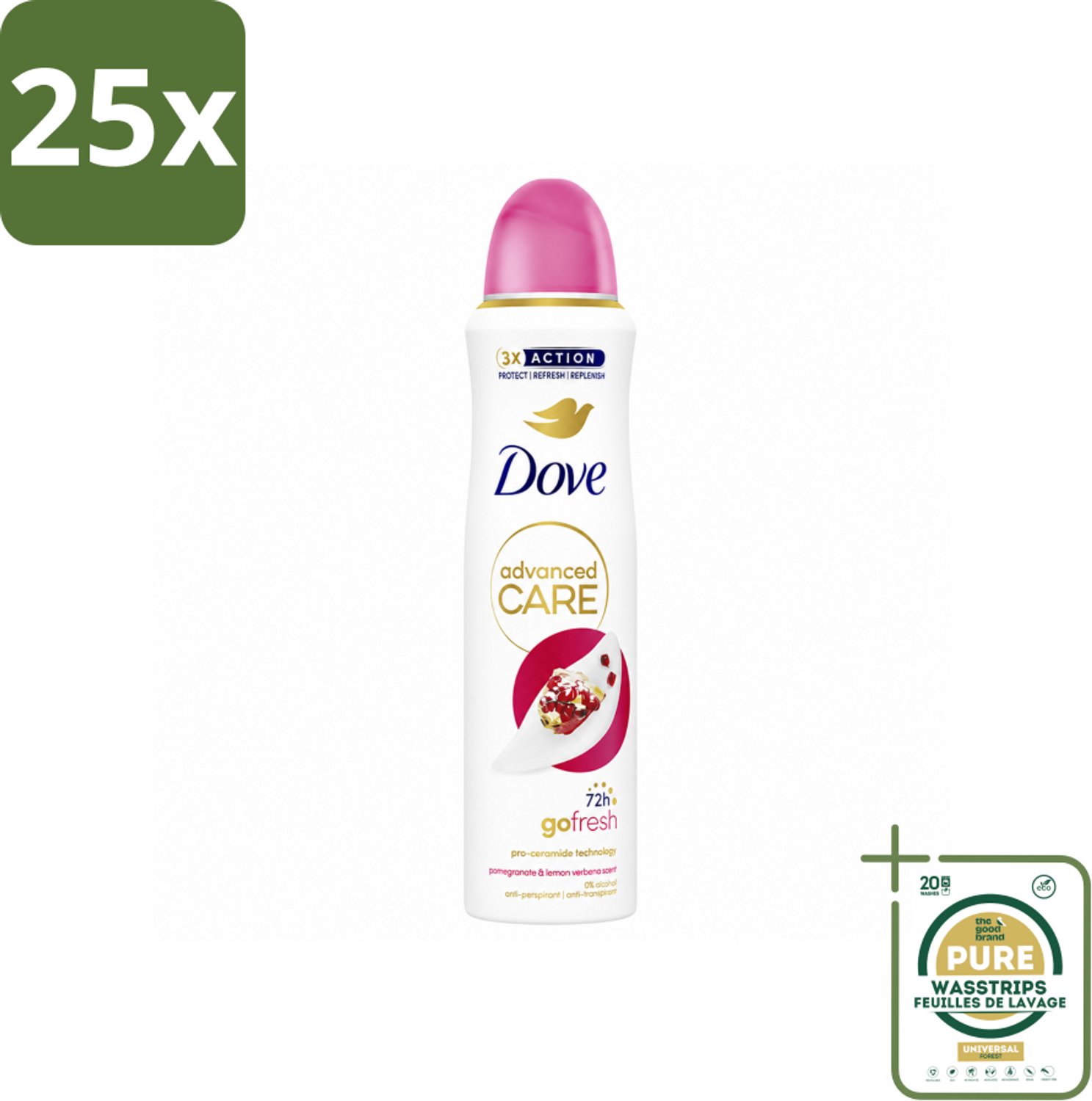 25 x Dove Deodorant Spray - Granaatappel & Citroenverbena - 150 ml - Wasstrips - Deodorant Spray - Anti-Transpirant - Geur - Zweetbehandeling - Okselhuid Verzorging