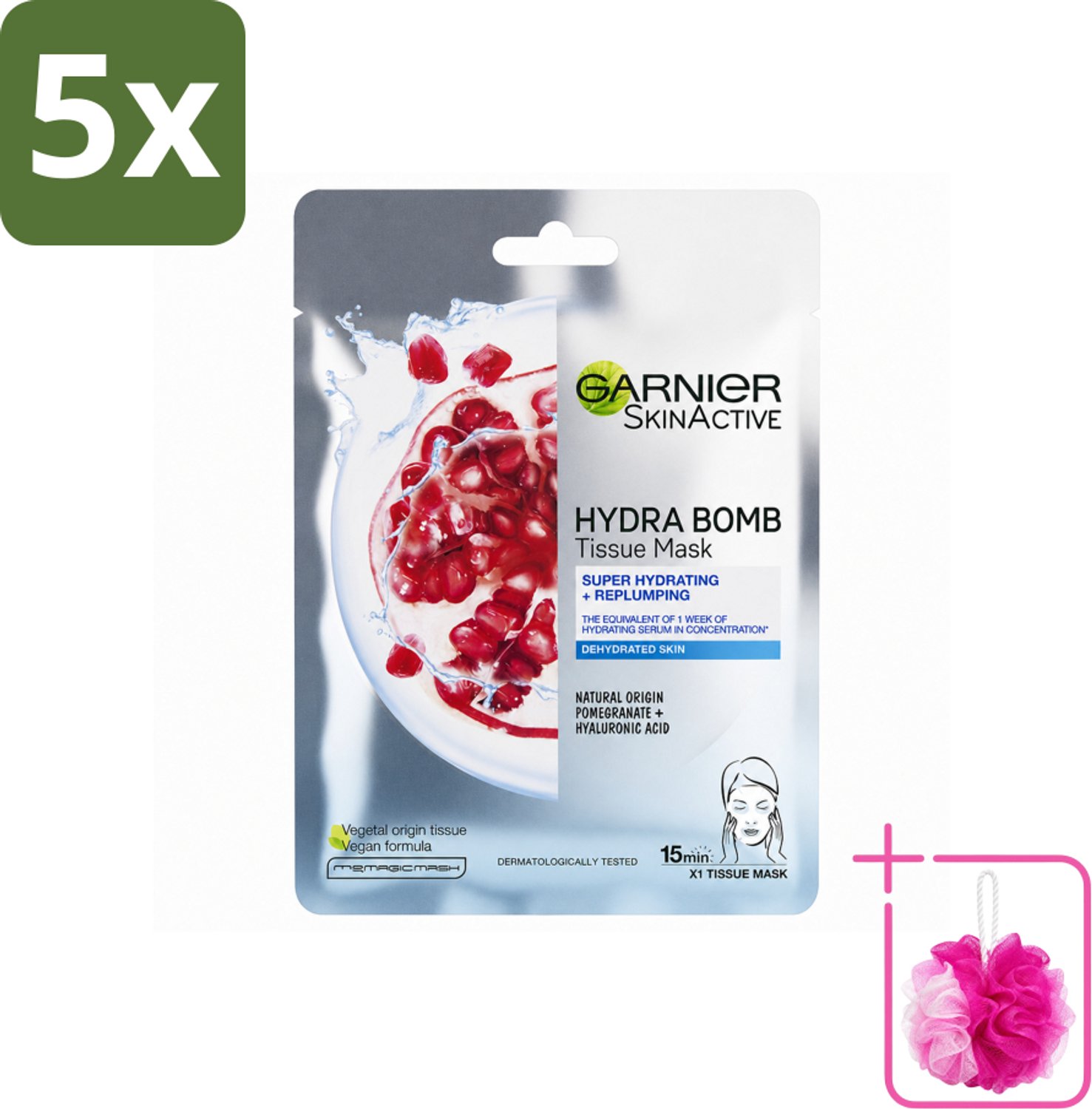 5 x Garnier - SkinActive - Hydra Bomb Sheet Mask - Granaatappel - Gezichtsmasker - 1 Gezichtsreinigingsmiddel - Bulkverpakking - Gezichtsmasker - Douchemop - Hydraat