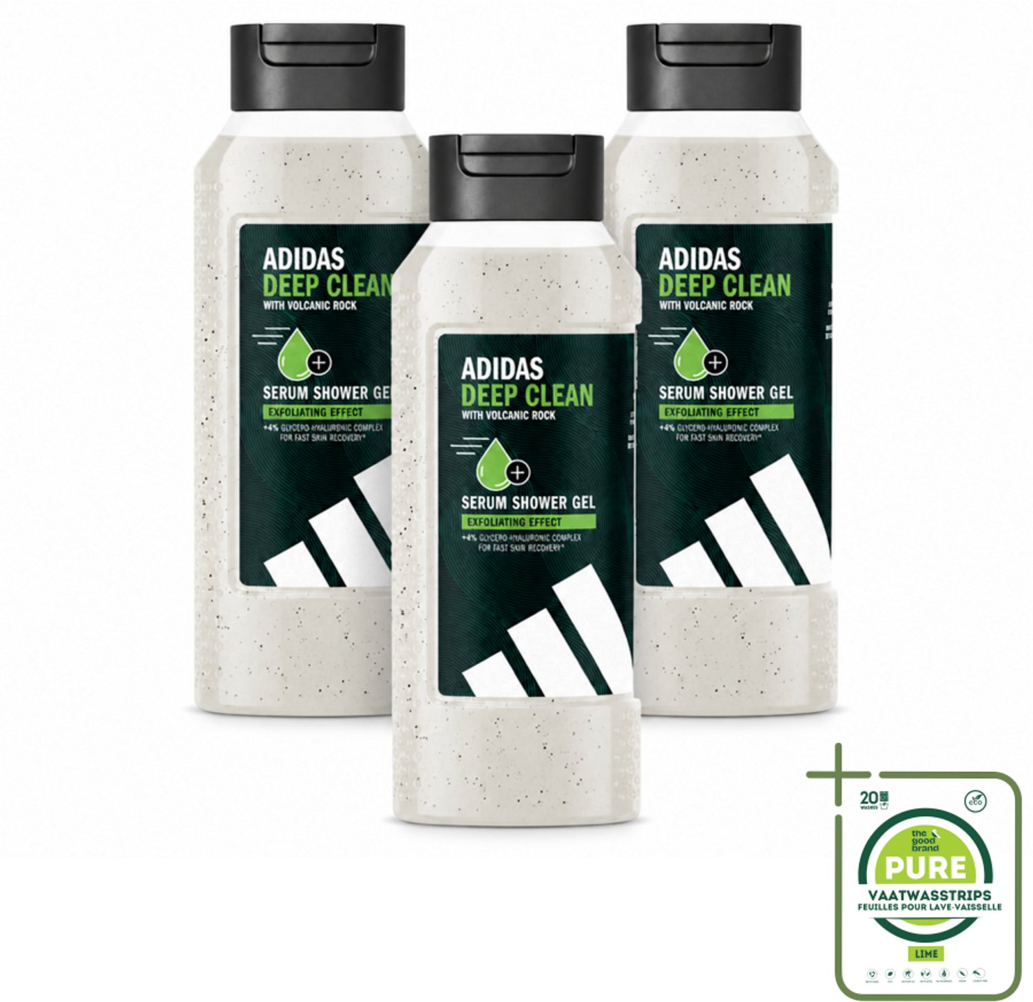 3 x Adidas – Douchegel – Active Skin & Mind Deep Clean – 250 ml - Grootverpakking - Vaatwasstrips - Douchegel - Huid Reinigen - Exfoliëren - Vulkanische Steen - Huid Hyderatatie