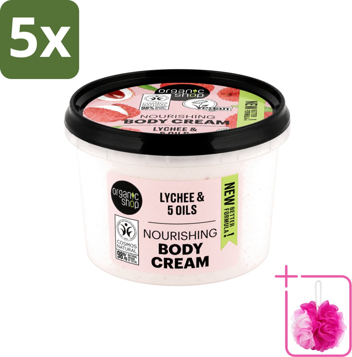 5 x Organic Shop - Nourishing Body Cream Lychee - Hydraterend en Voedend - 250 ml - Bulkverpakking - Hydratatie - Douchemop - Voeding