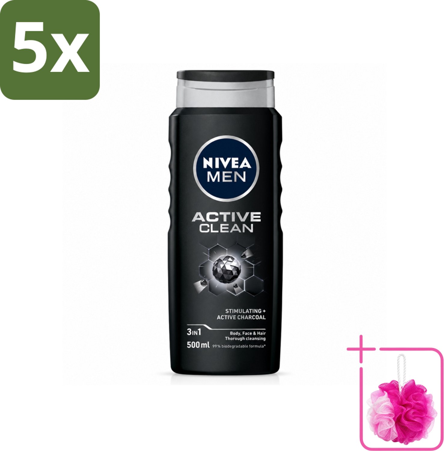 5 x NIVEA MEN - Douchegel - Active Clean - 500 ml - Bulkverpakking - Douchegel mannen - Douchemop - Actief houtskool