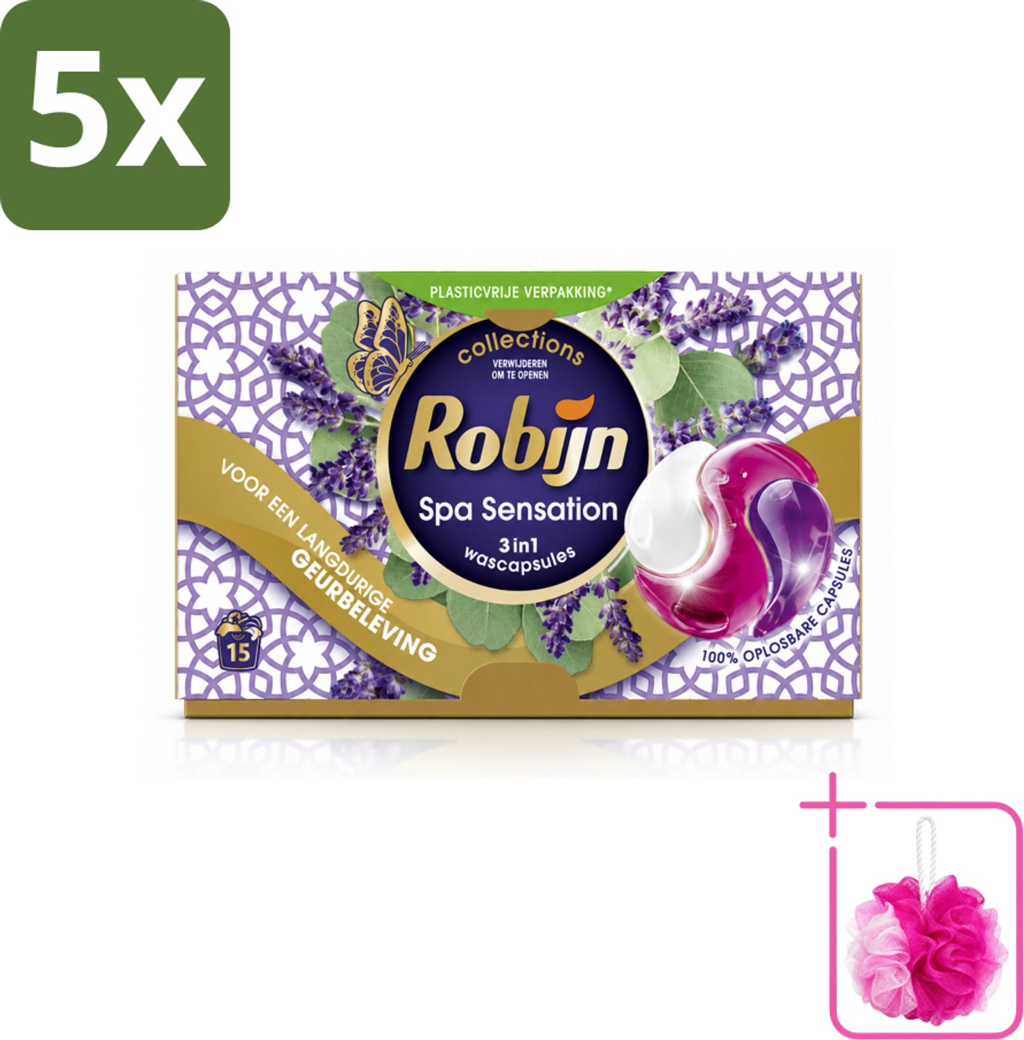 5 x Robijn - 3-in-1 Spa Sensation - Wascapsules - 15 Wasbeurten - Bulkverpakking - Wascapsules - Douchemop - Wasmiddel