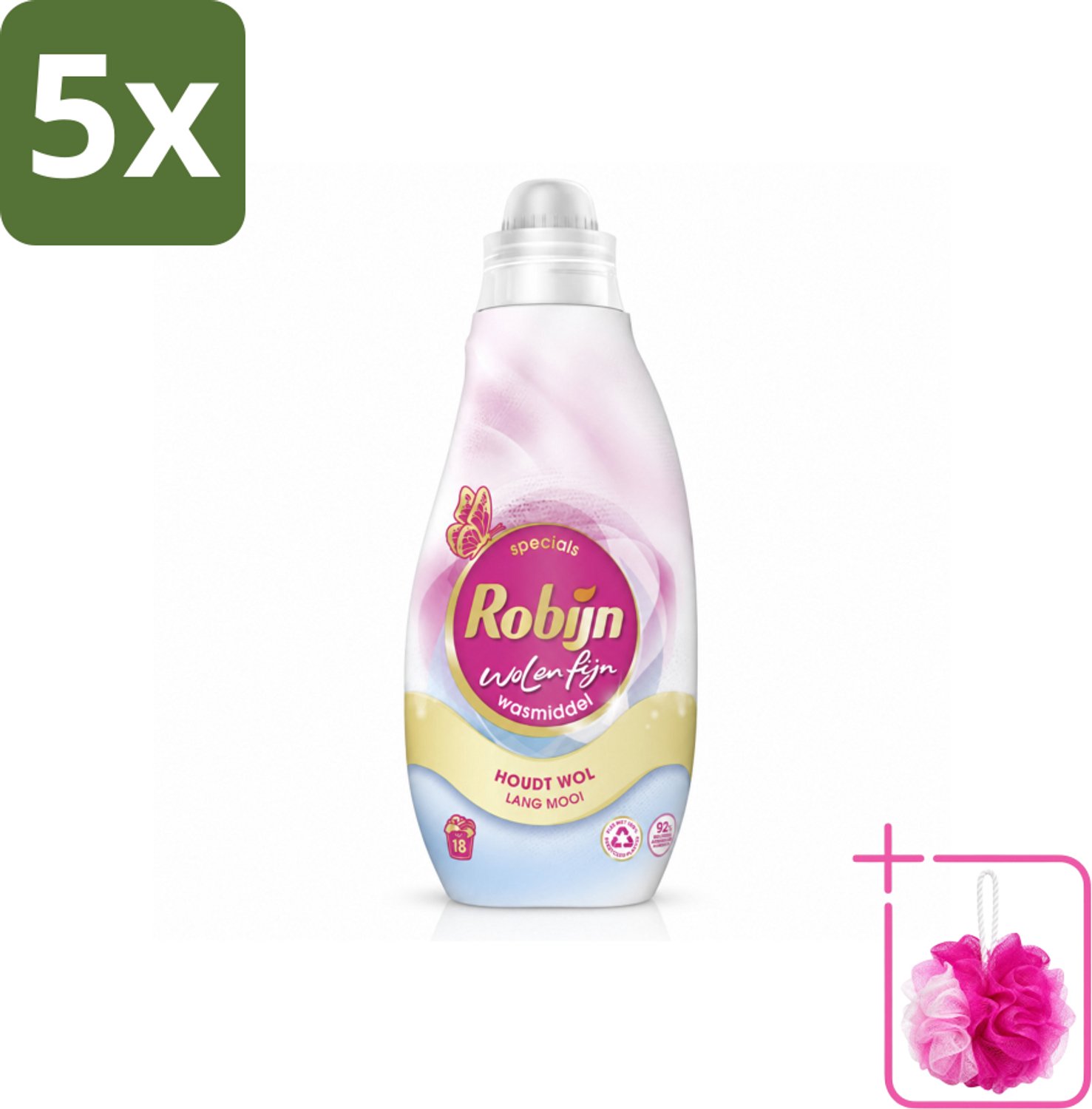 5 x Robijn Specials - Wol & Fijn - Vloeibaar Wasmiddel - 18 Wasbeurten - Bulkverpakking - Wasmiddel Wol en Zijde - Douchemop - Fijne was beschermers
