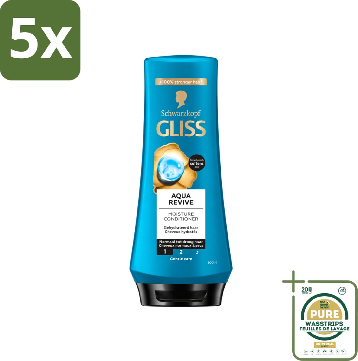 5 x Gliss - Hair Repair - Conditioner Aqua Revive voor Hydraterend en Fris Haar - 200 ml - Wasstrips - Haarverzorging - Hydraterend Haar - Droog Haar - Haarverzorging Crèmespoeling - Aquaporine Complex
