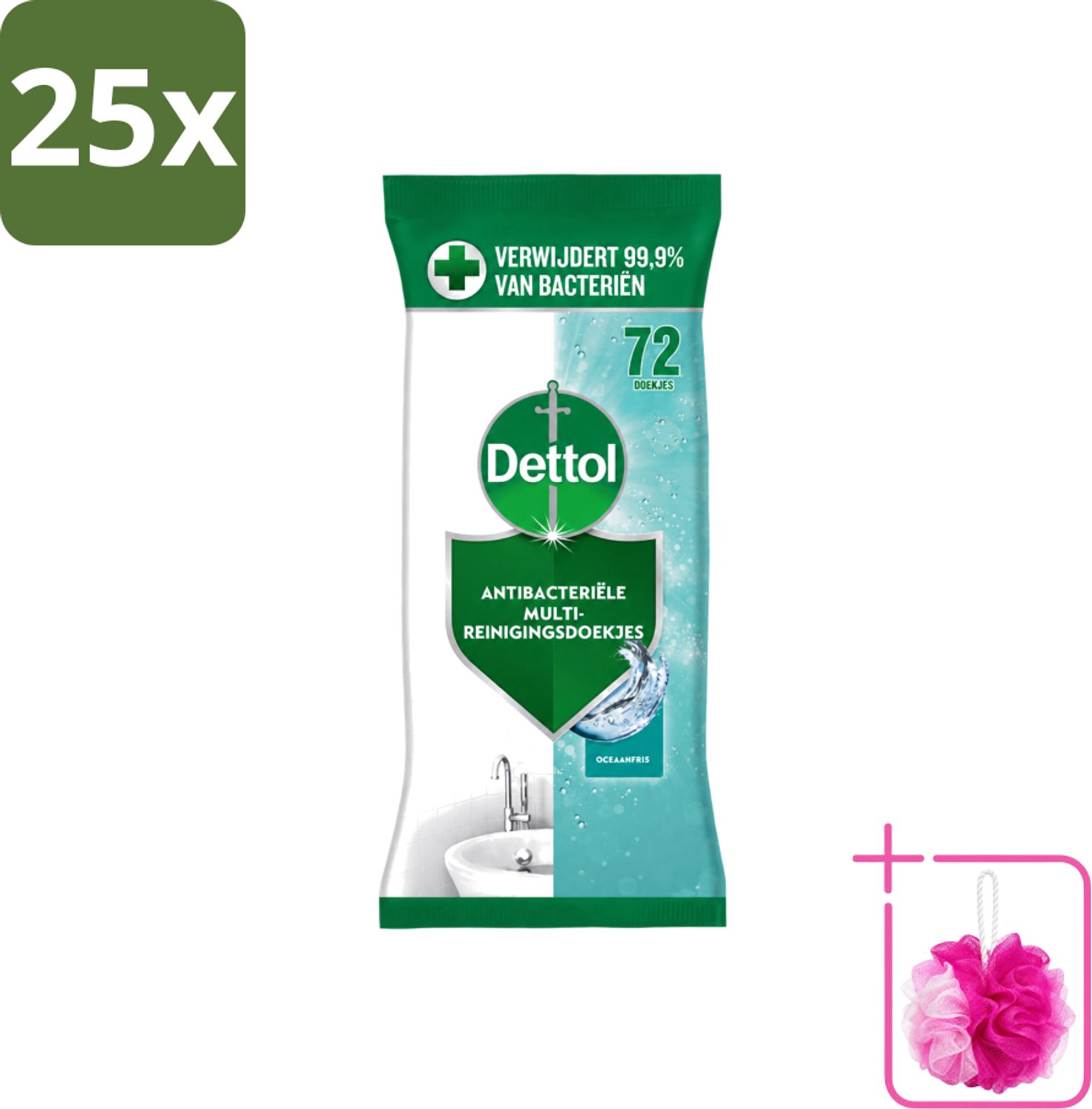 25 x Dettol - Reinigingsdoekjes - Oceaanfris - Antibacteriële Reiniging - 72 Doekjes - Bulkverpakking - Reinigingsdoekjes - Douchemop - Oceaangeur