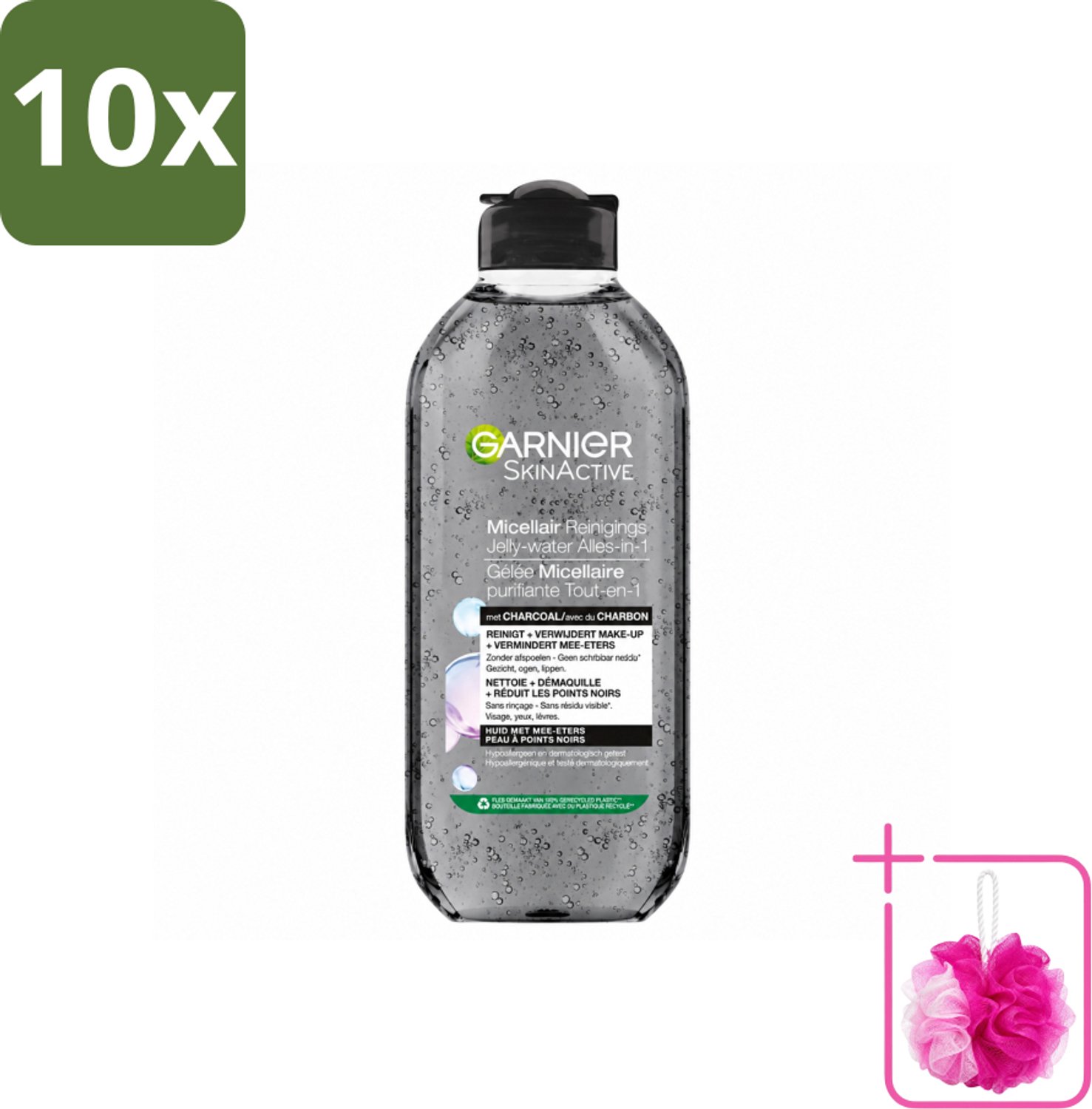 10 x Garnier - SkinActive - Micellair Jelly-water - Alles-in-1 - Charcoal - 400 ml - Bulkverpakking - Huid reinigen - Douchemop - Make-up verwijderen