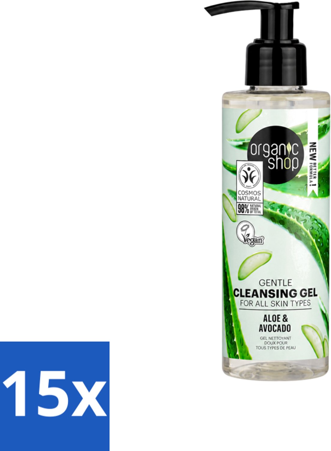 15 x Organic Shop - Cleansing Gel Avocado & Aloe - Verfrissend en Hydraterend - 200 ml - Voordeelverpakking - 15 stuks