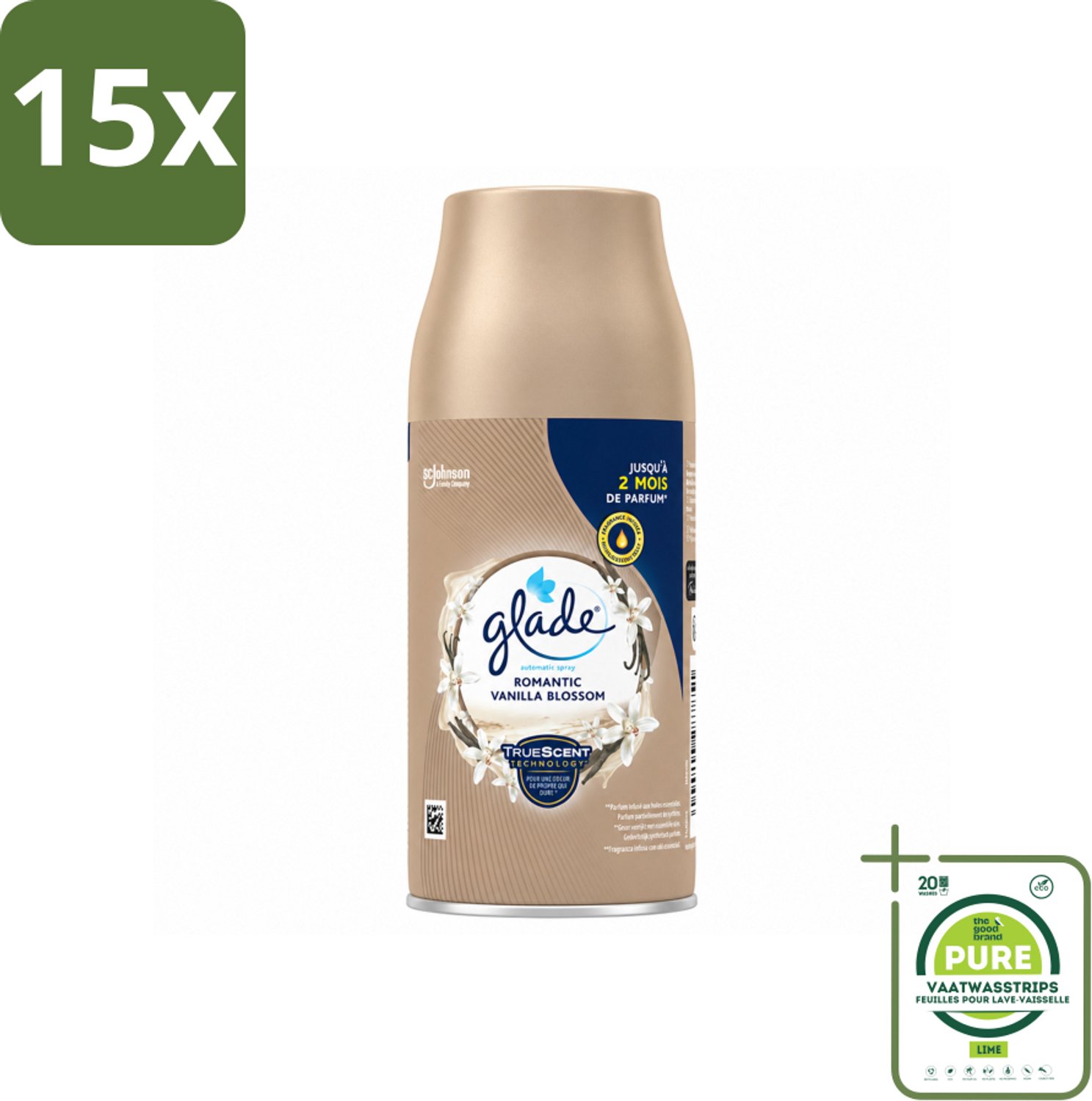 15 x Glade - Romantic Vanillebloesem Navulling - 269 ml - Grootverpakking - Vaatwasstrips - Romantische Geur - Vanille - Bloesem - Geurverspreiding - Essentiële Oliën
